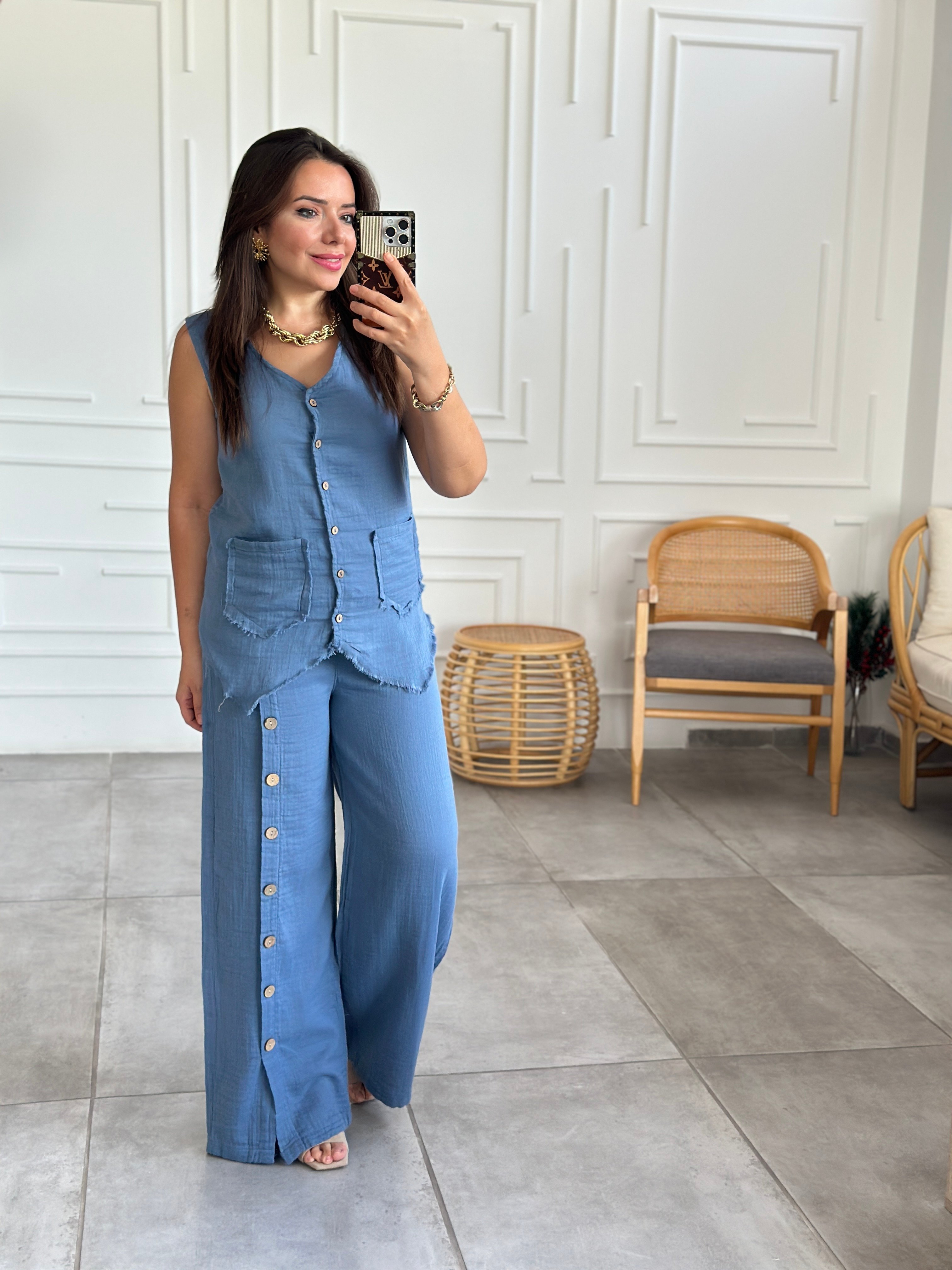 Düğme Detaylı Bol Paça Müslin Pantolon - INDIGO