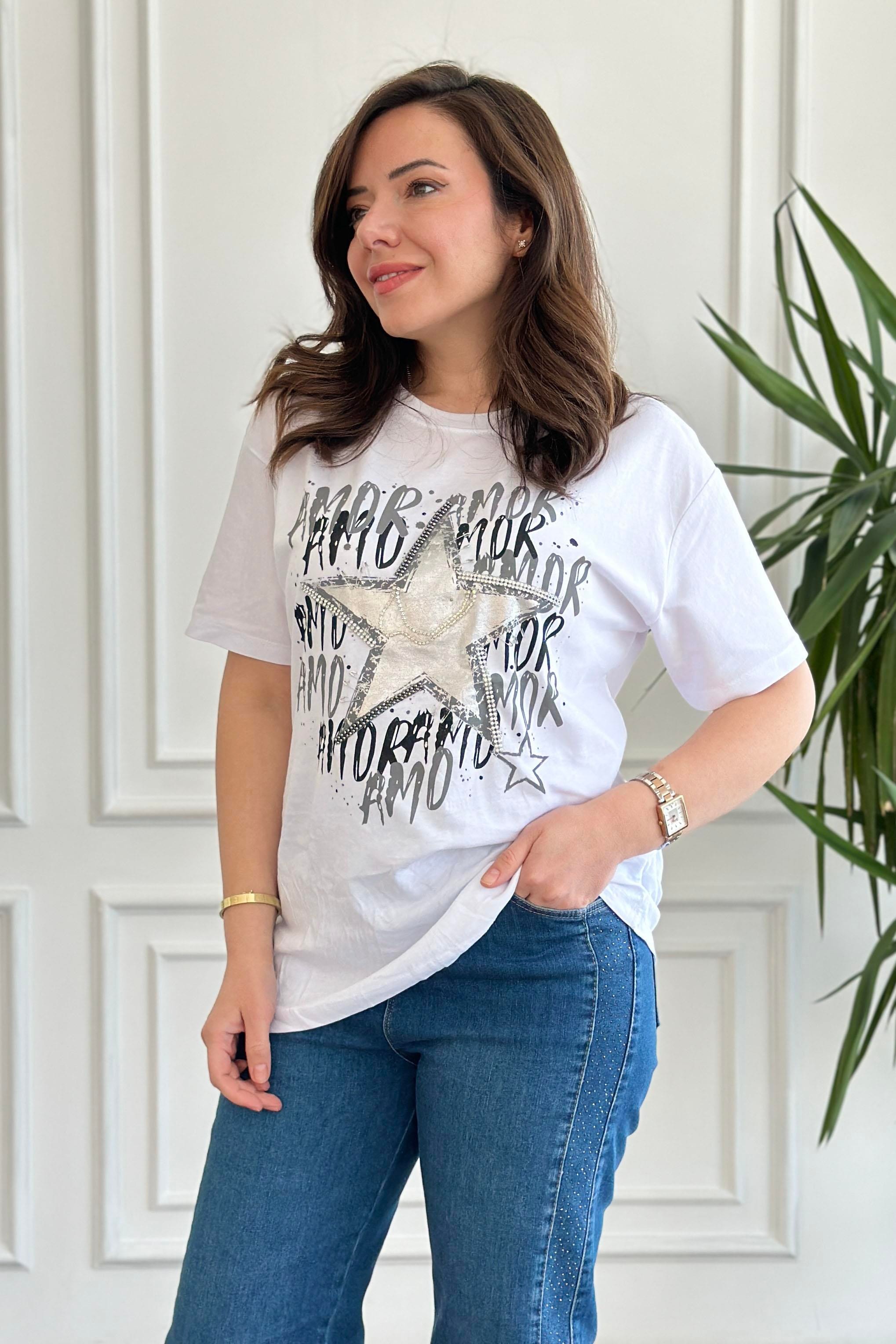 Bisiklet Yaka Yıldız Baskılı Taş İşlemeli T-Shirt
