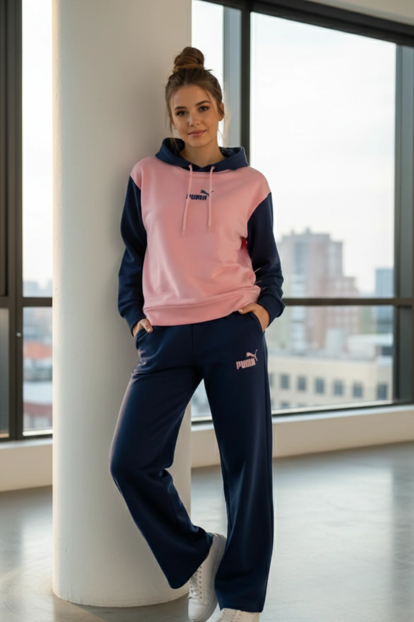 Önü Yazı Baskılı Kapşonlu Eşofman Takımı - PEMBE LACIVERT