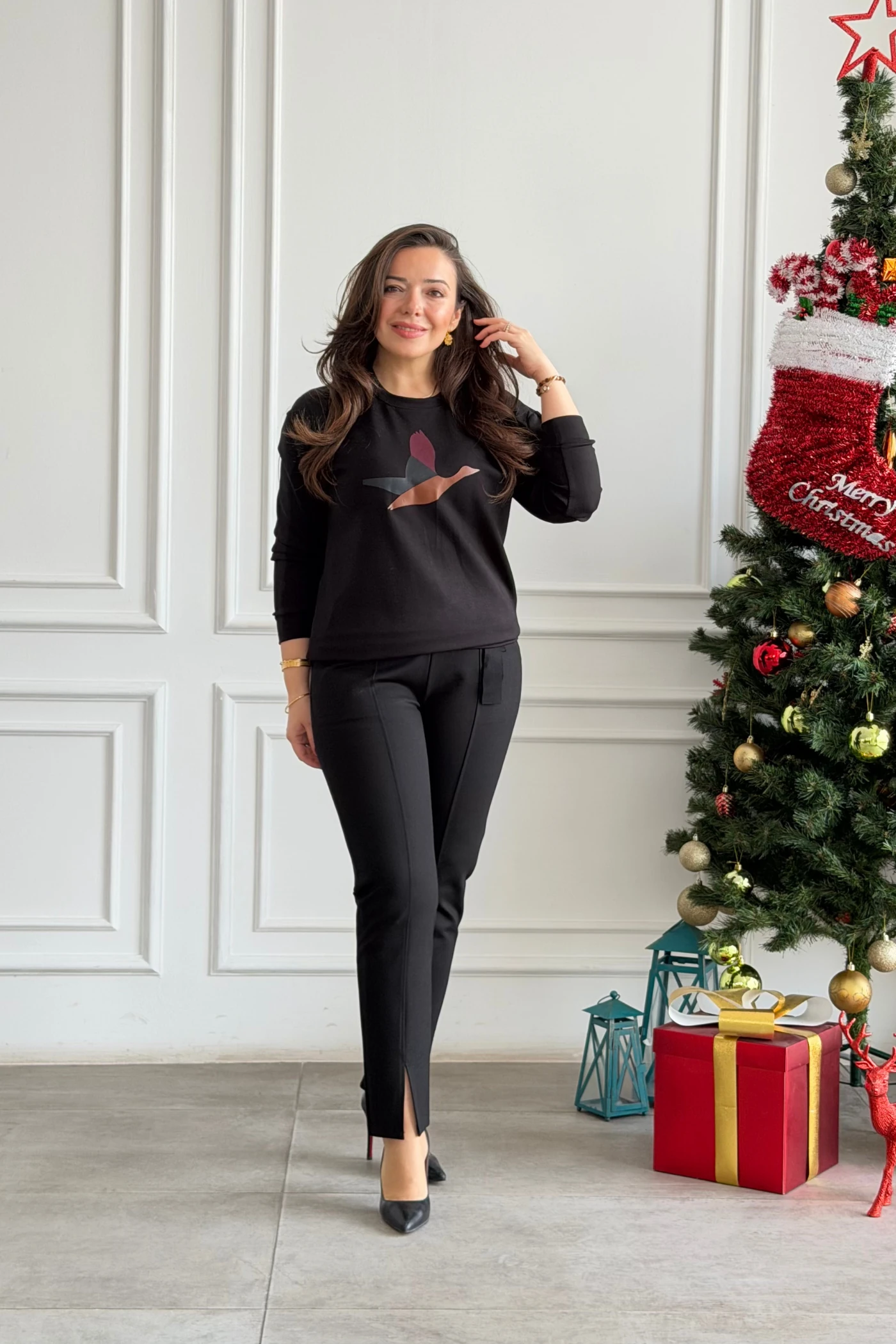 Önü Kuş Baskılı Sweat  - SIYAH