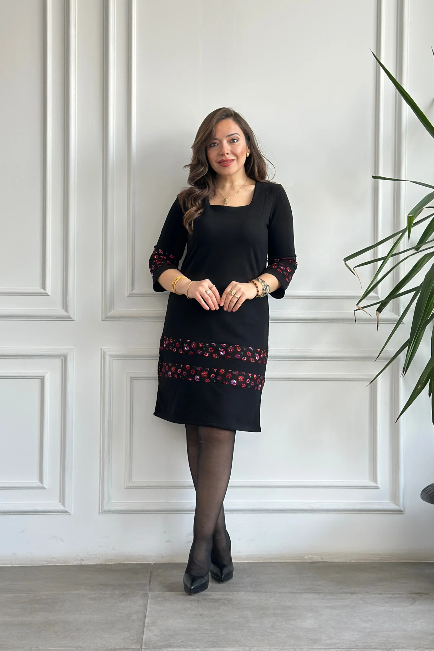 Etek Ve Kol Pazen Detaylı Pamuk Elbise - SIYAH FUSYA