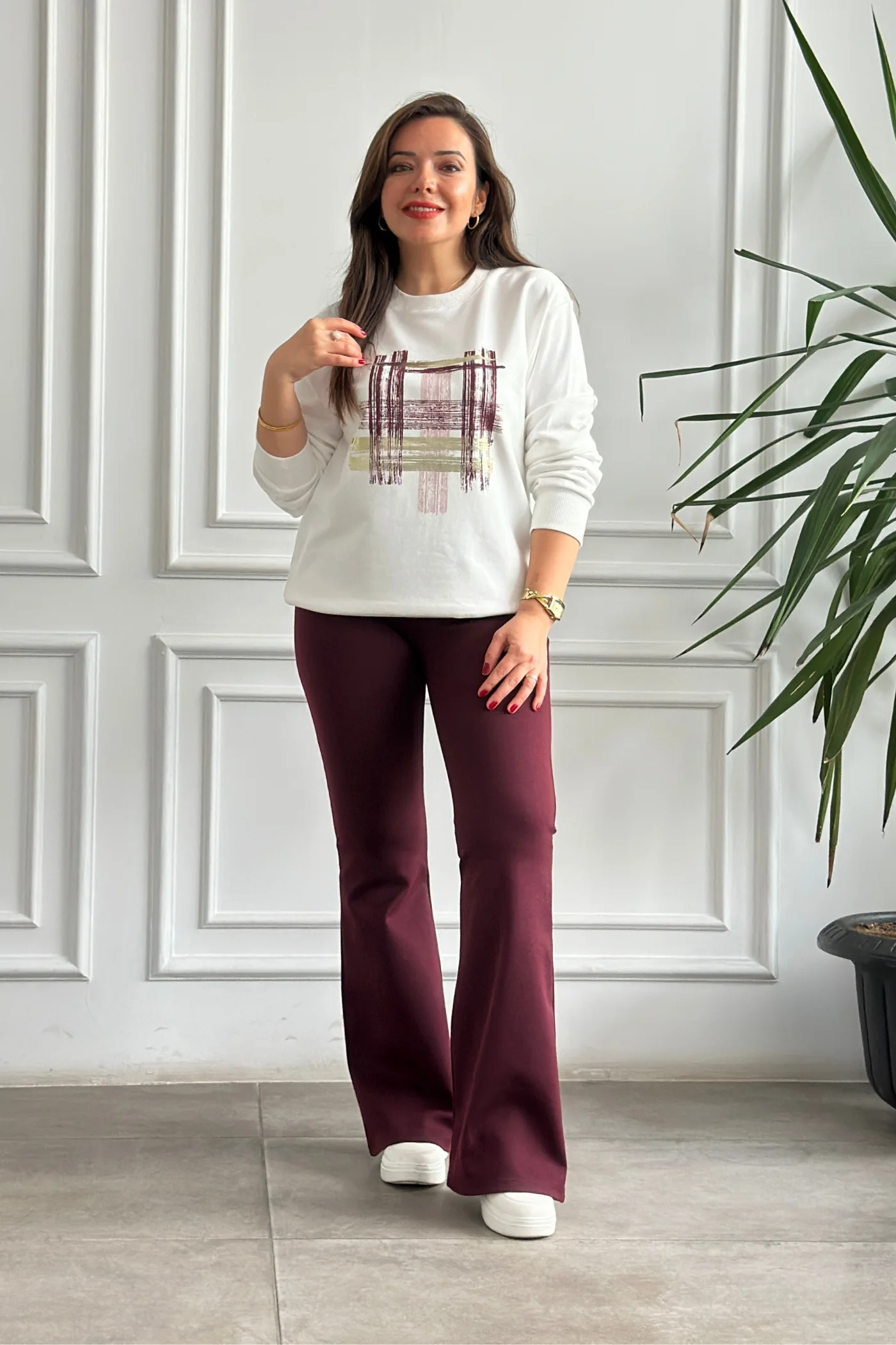 İspanyol Paça Çelik Örme Tayt Pantolon - BORDO