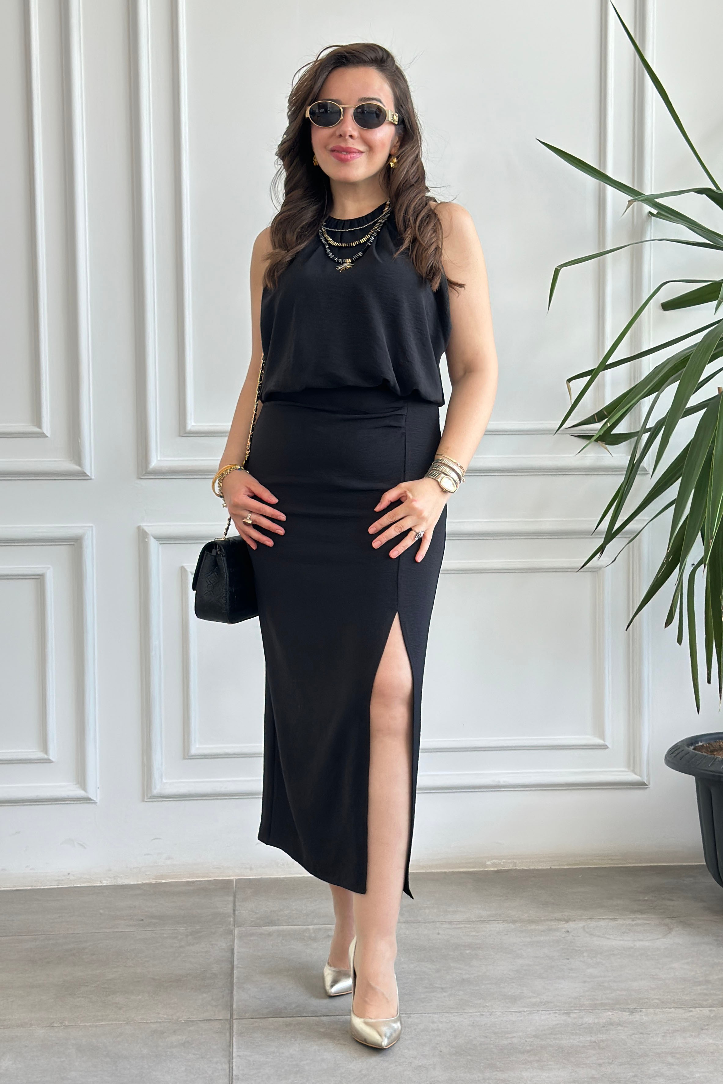 Yırtmaç Ve Drape Detaylı Elbise
