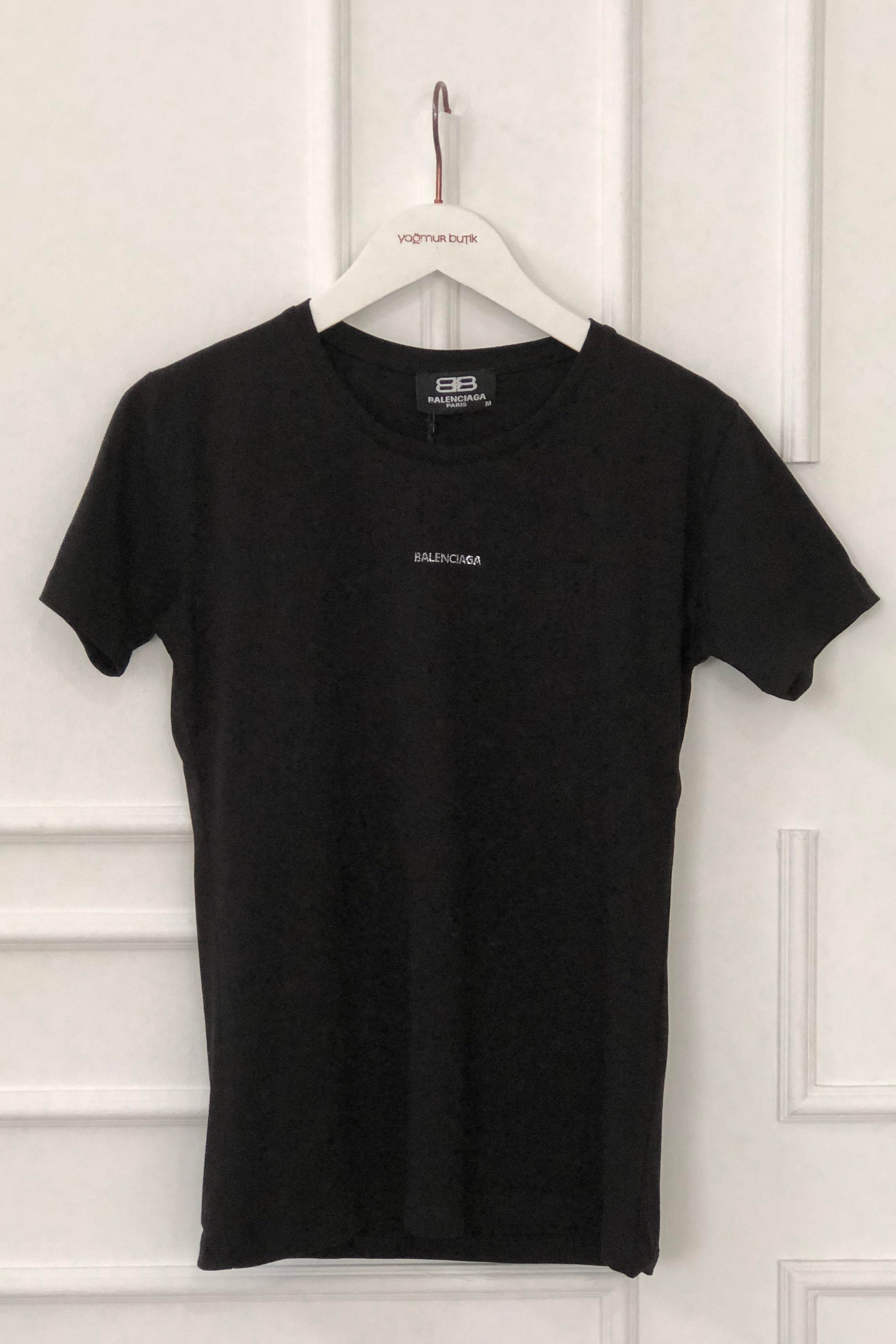 Bisiklet Yaka Önü Yazı Taş Baskılı T-Shirt