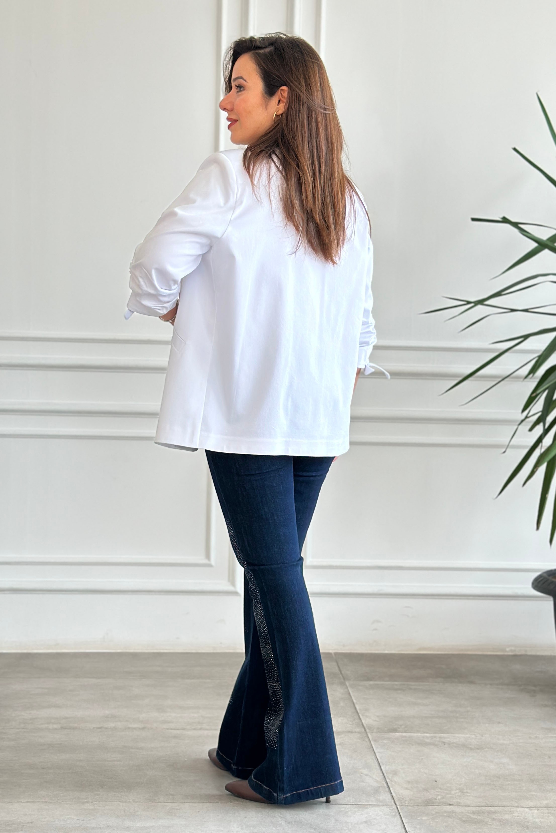 Kolları Büzgülü Blazer Ceket - BEYAZ