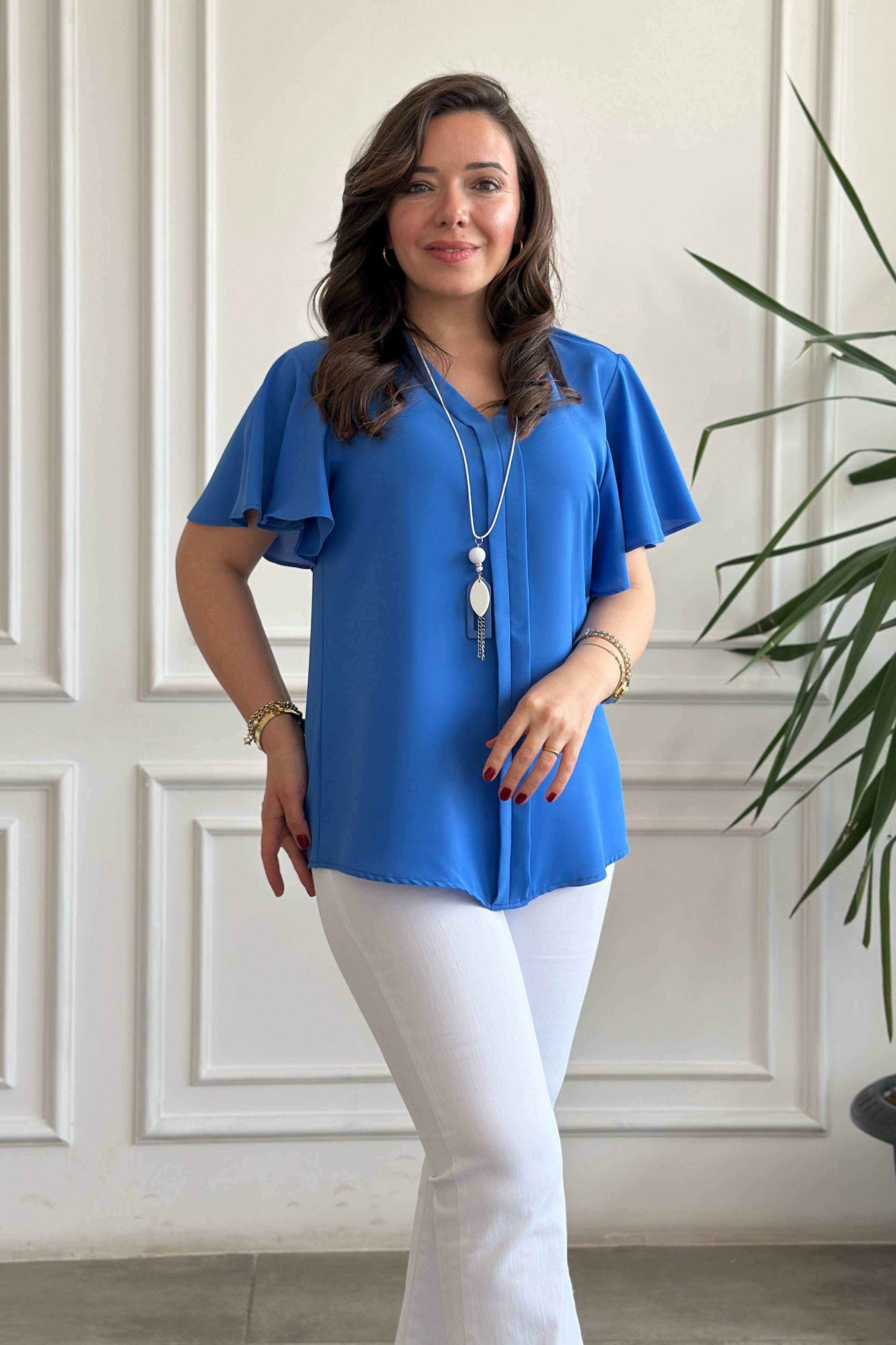 Kendinden Kolyeli V Yaka Kolları Volanlı Bluz