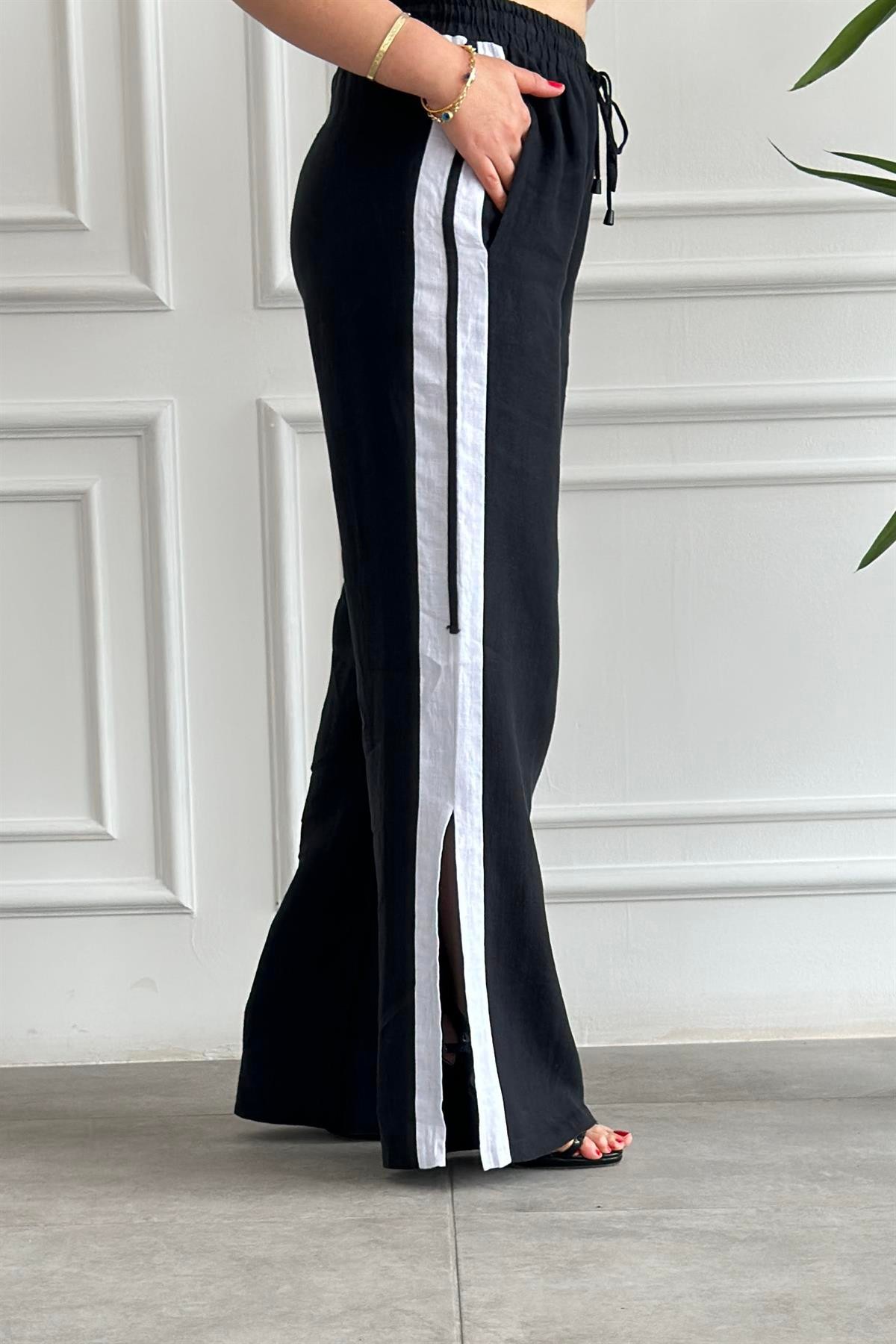 Beli Lastikli Yırtmaçlı Keten Pantolon