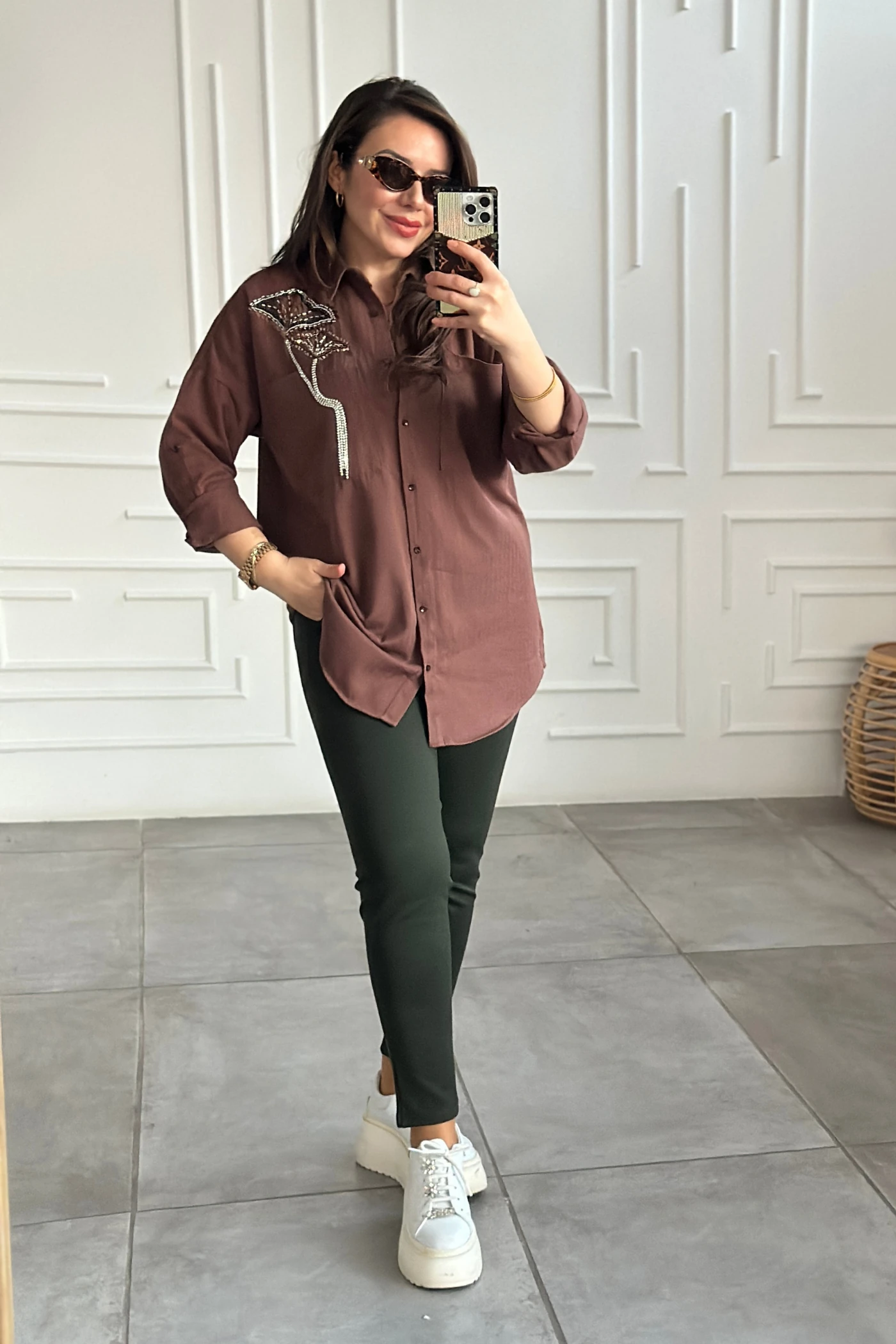 Boru Paça Yandan Cepli Çelik Örme Tayt Pantolon - HAKI