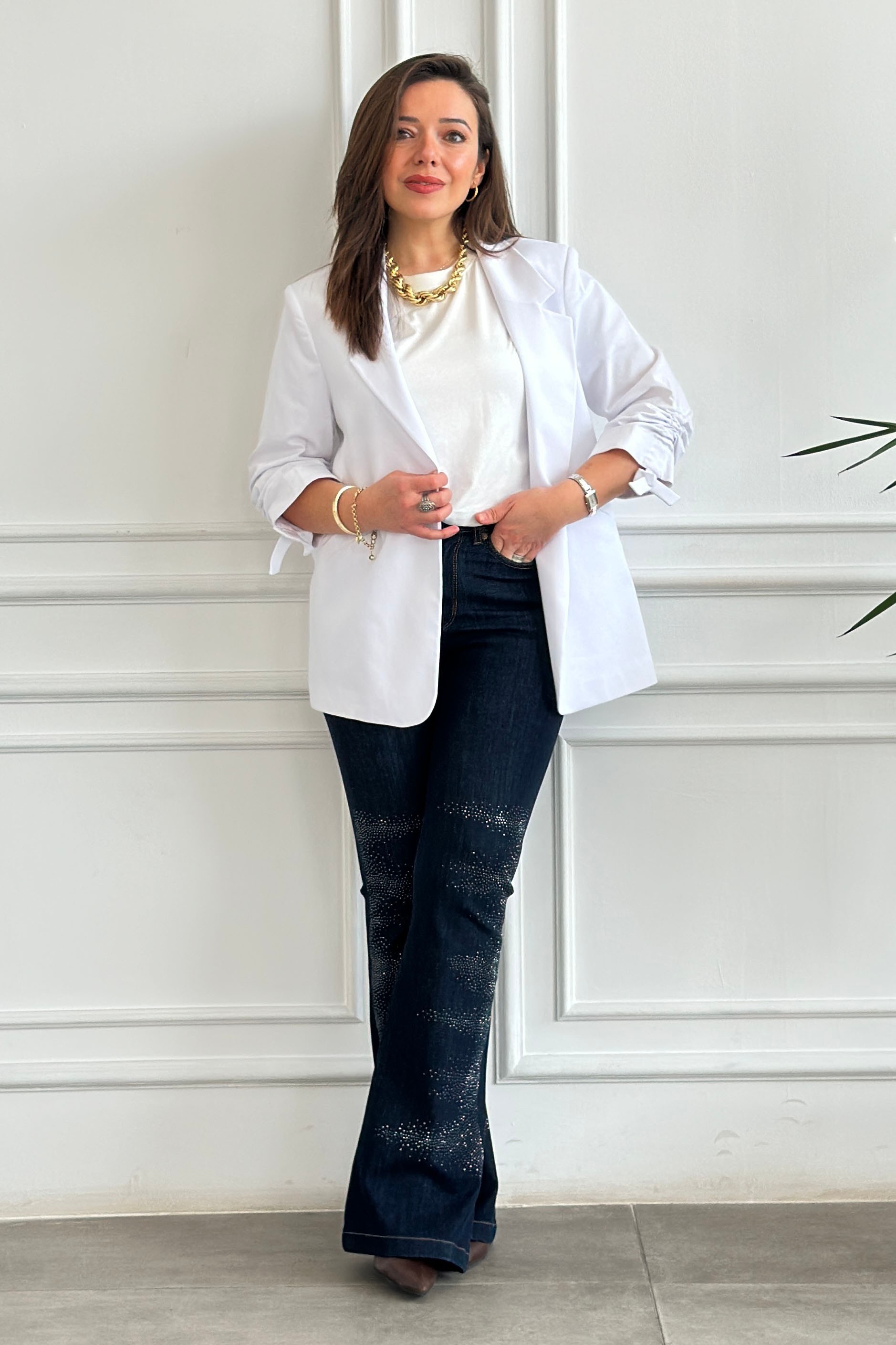Kolları Büzgülü Blazer Ceket - BEYAZ