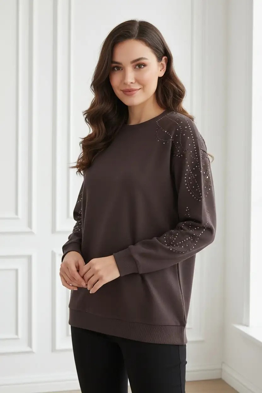 Yaka Ve Kolları Taş Detaylı Sweat