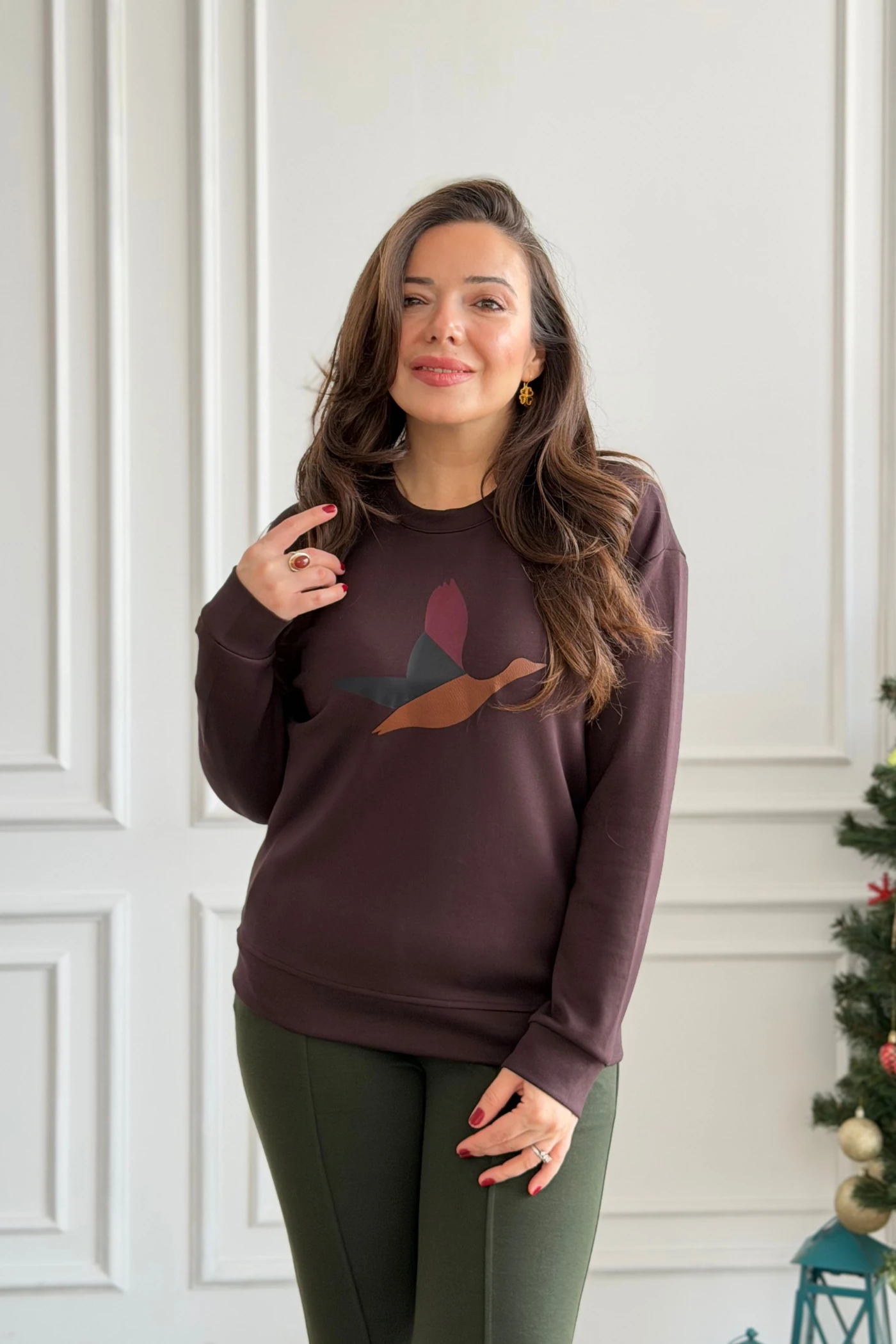 Önü Kuş Baskılı Sweat  - KAHVERENGI