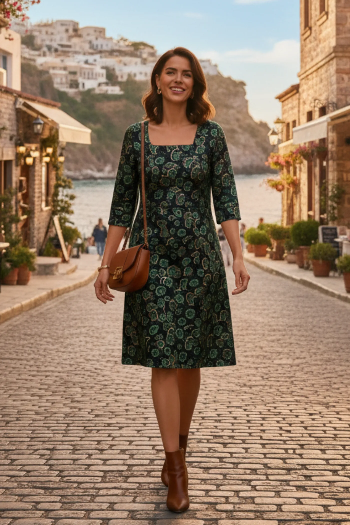 Kare Yaka Pazen Elbise - YESIL SIYAH