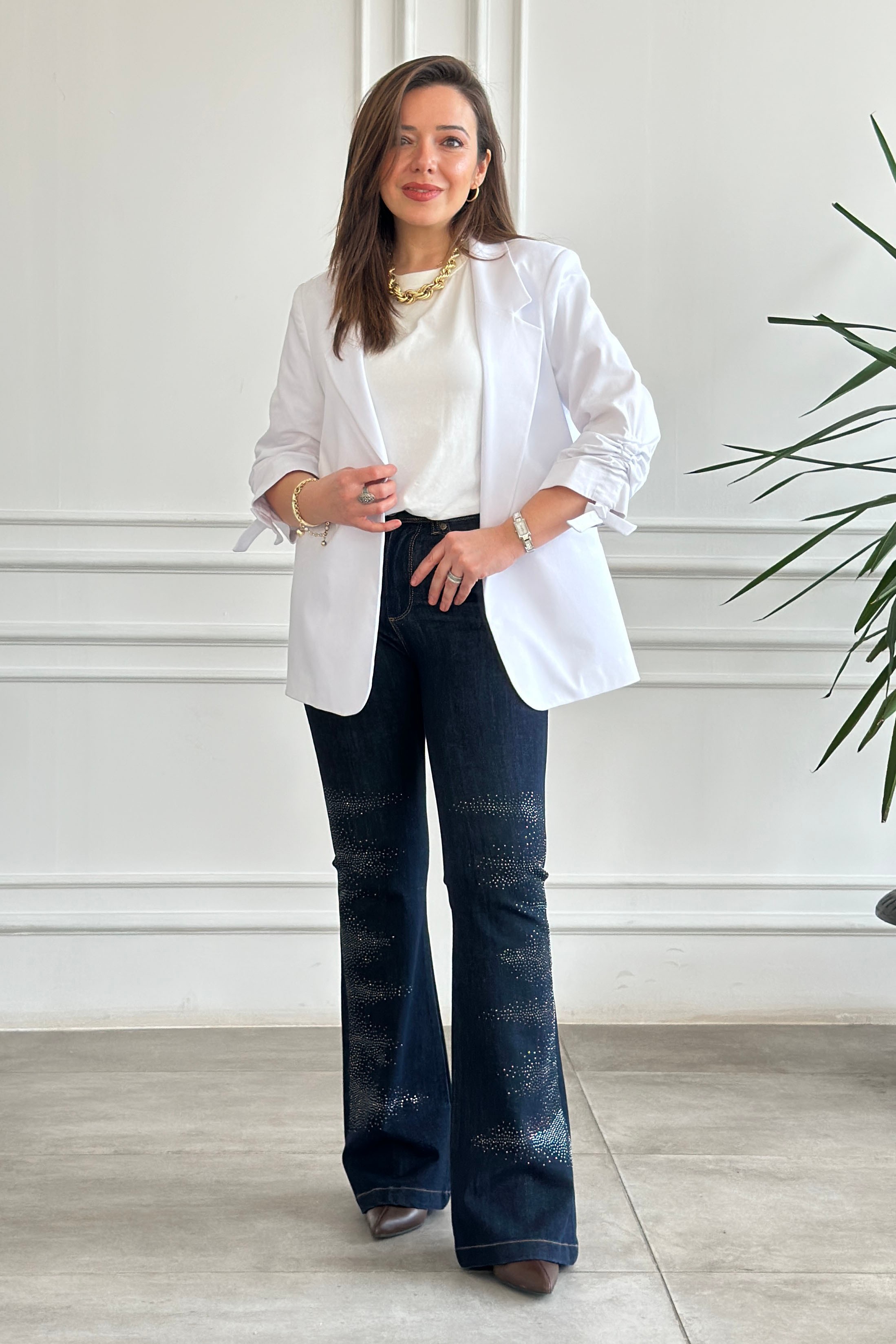 Kolları Büzgülü Blazer Ceket - BEYAZ