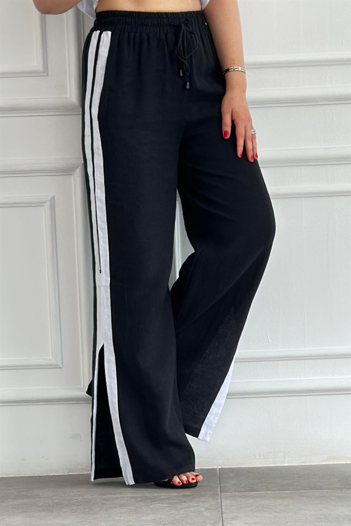 Beli Lastikli Yırtmaçlı Keten Pantolon