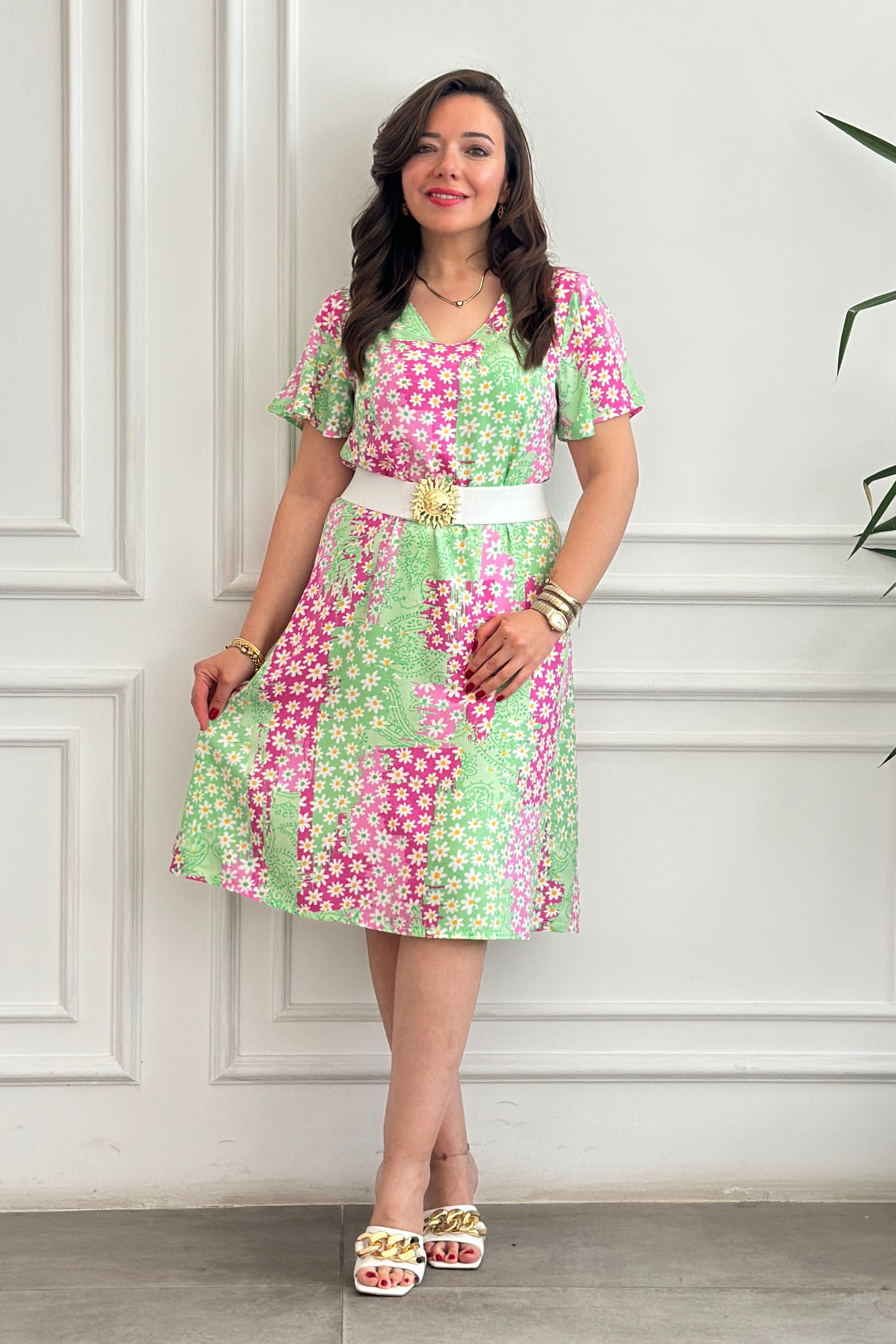 Melek Kol V Yaka Desenli Viscon Elbise - YESIL PEMBE