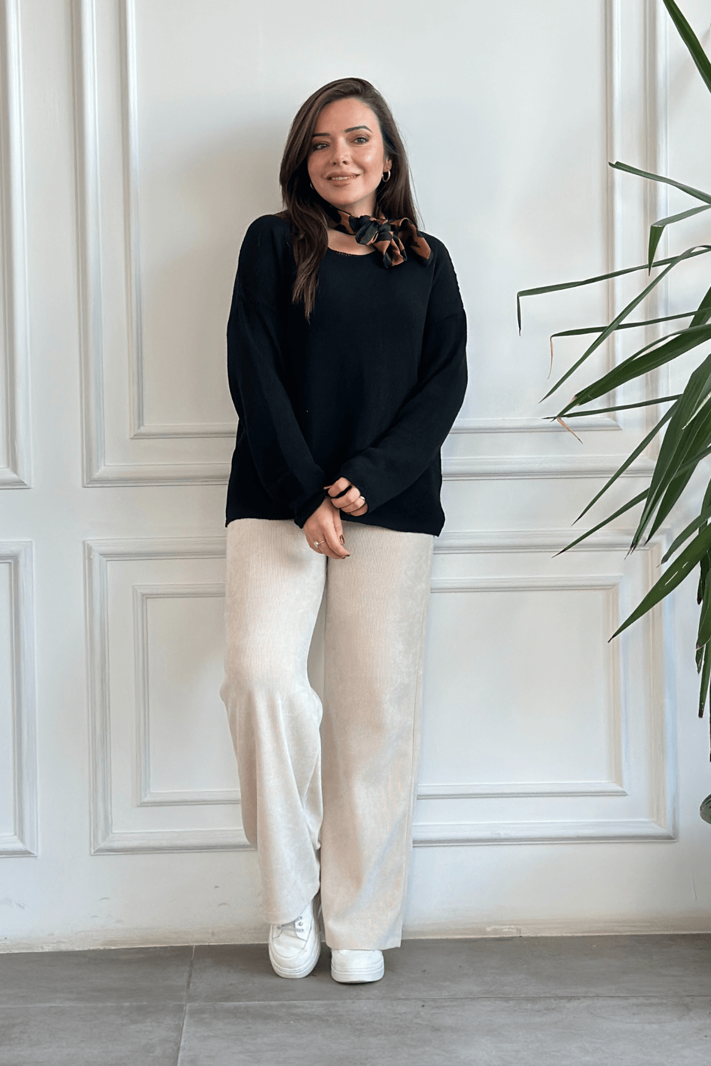 Beli Lastikli Kadife Bol Paça Pantolon - BEJ