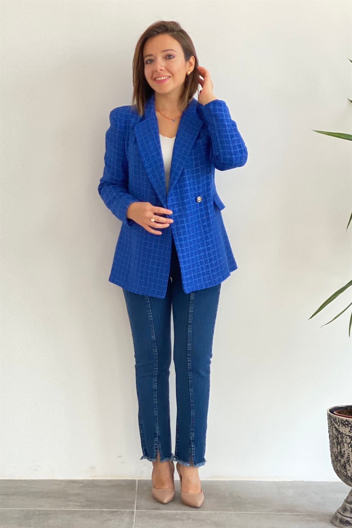 Kendinden Kareli İki Düğme Blazer Ceket