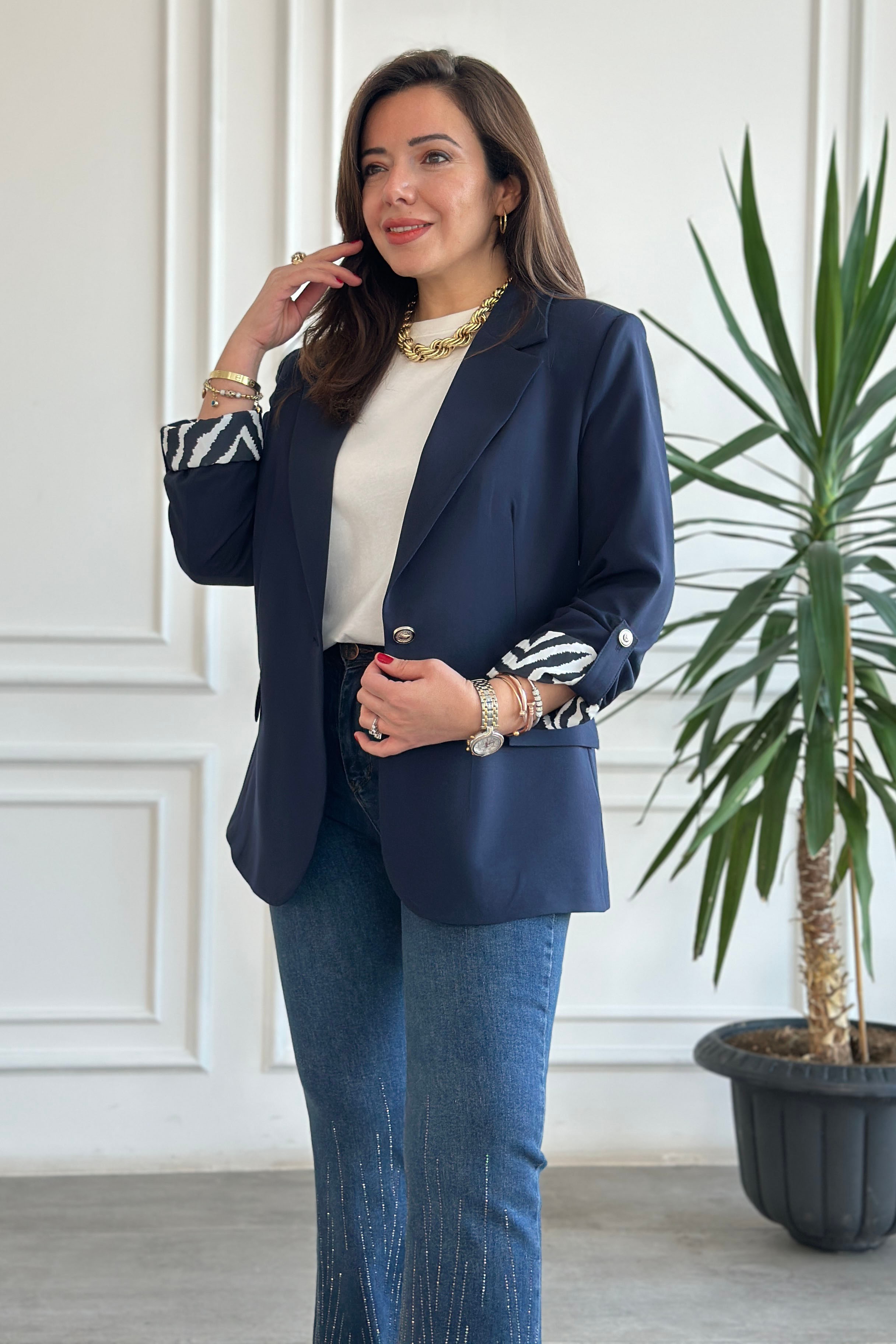 Yarım Astarlı Zebra Garnili Blazer Ceket - LACIVERT