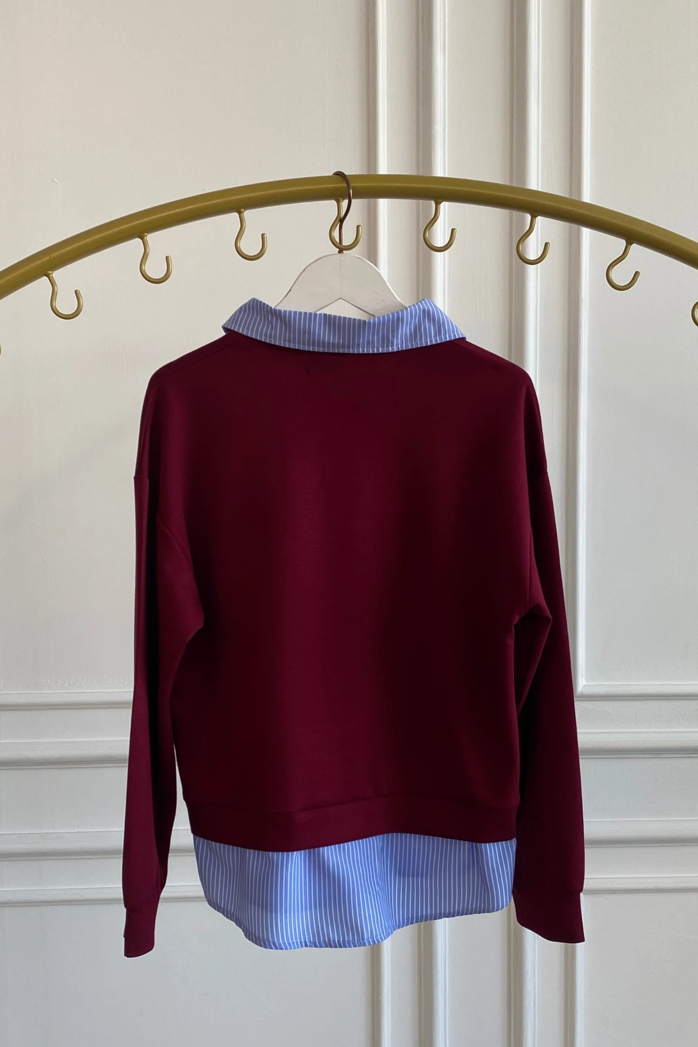 Kalp Nakışlı Polo Yaka Gömlek Detaylı Sweat - BORDO