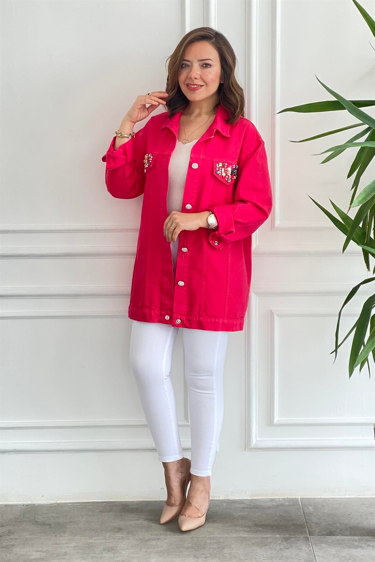 Cepleri Ve Düğmesi Taş Detaylı Gabardin Ceket