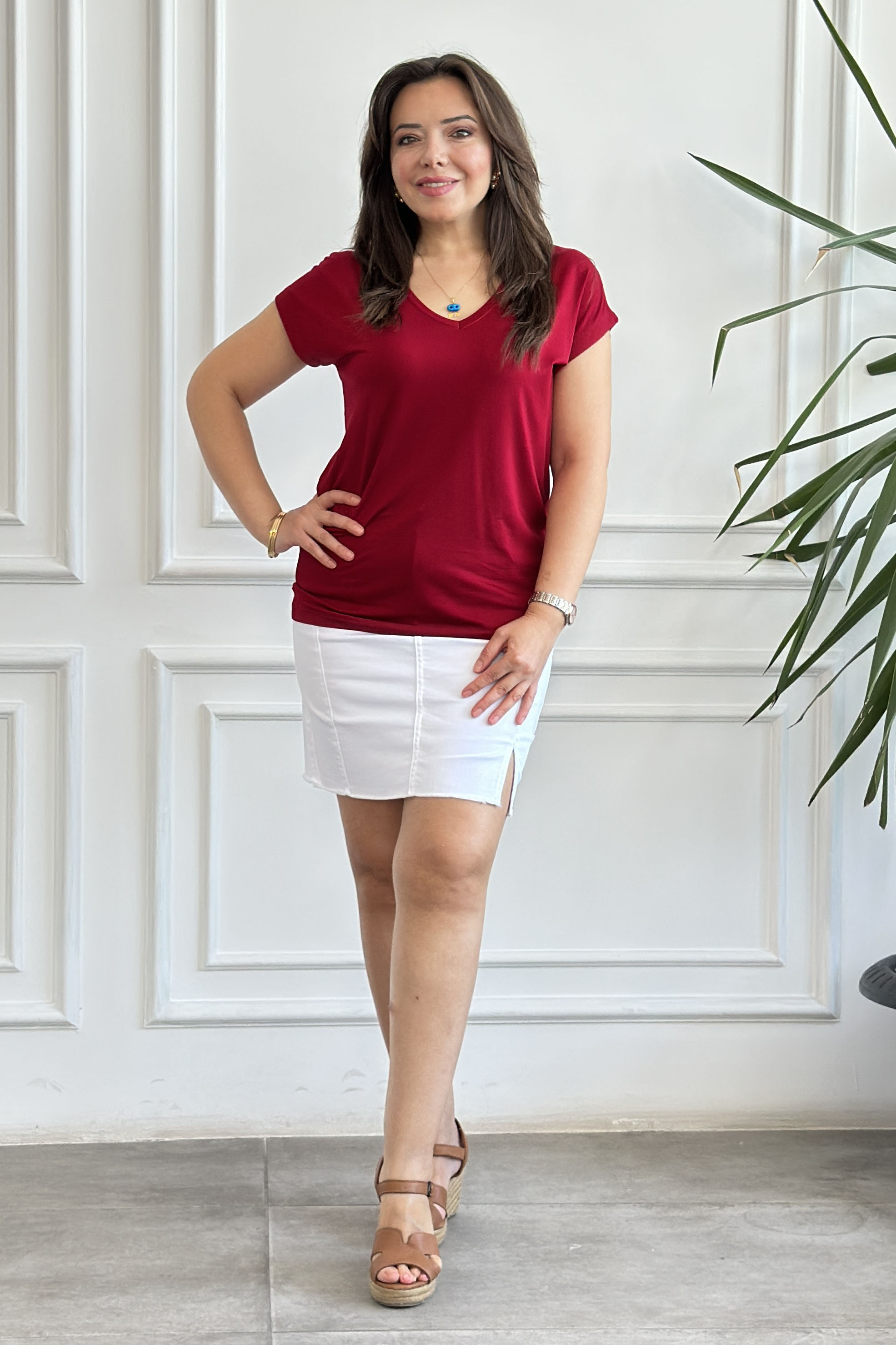 V Yaka Basic T-Shirt - BORDO