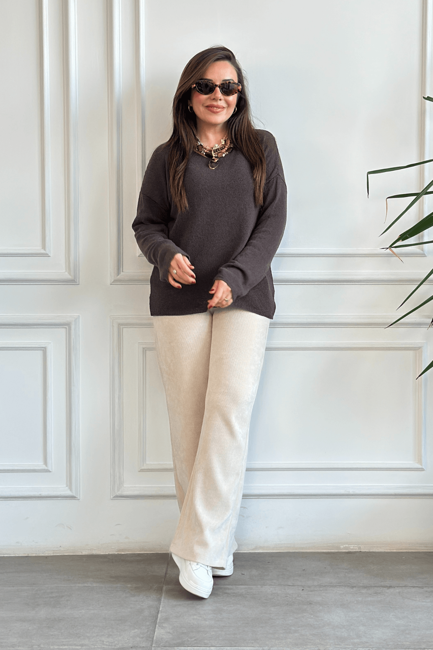 Beli Lastikli Kadife Bol Paça Pantolon - BEJ