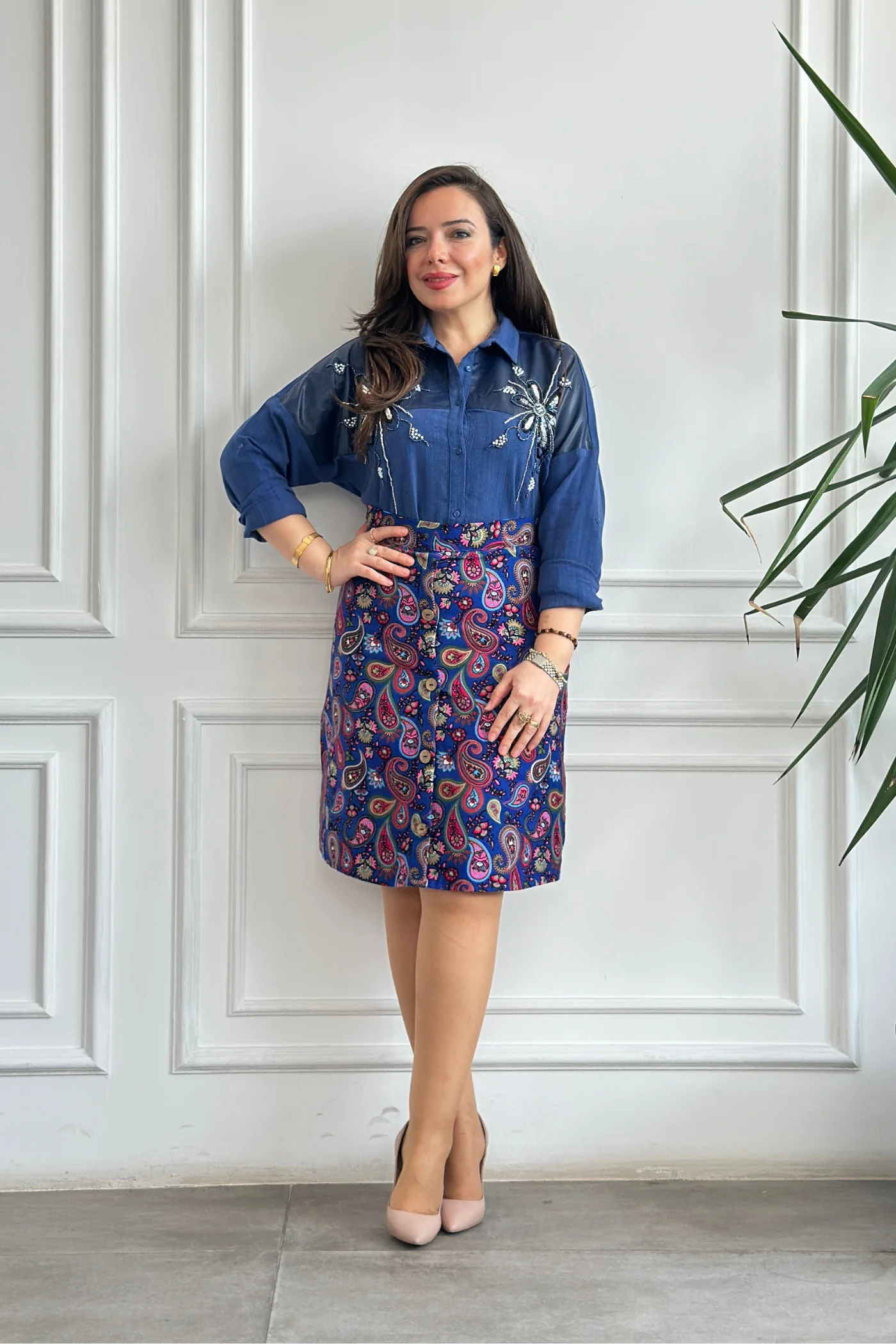 Pul Ve Boncuk İşlemeli Deri Detaylı Gömlek - LACIVERT