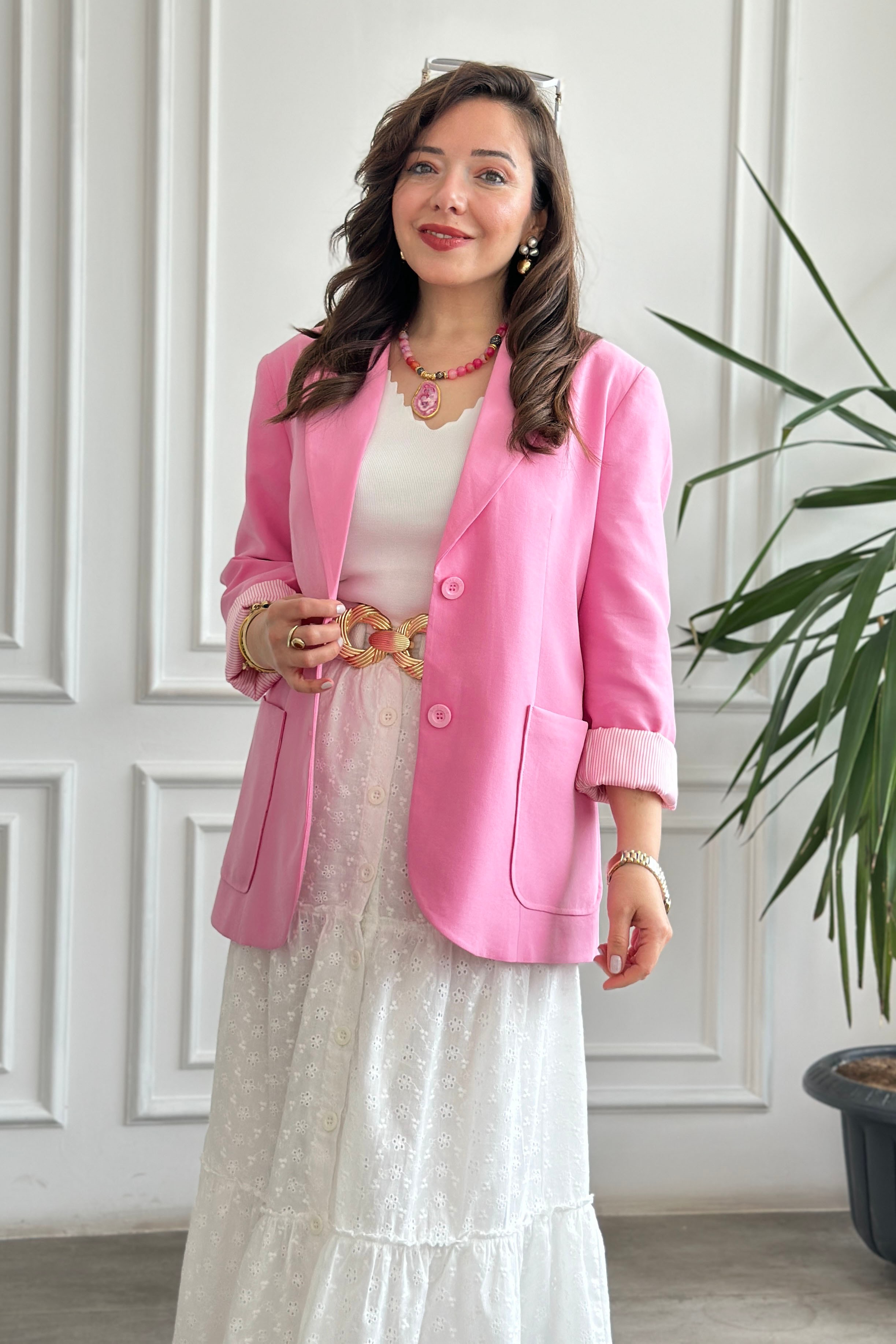 Arkası Düğme Detaylı Kolları Çizgili Astarlı Blazer Ceket