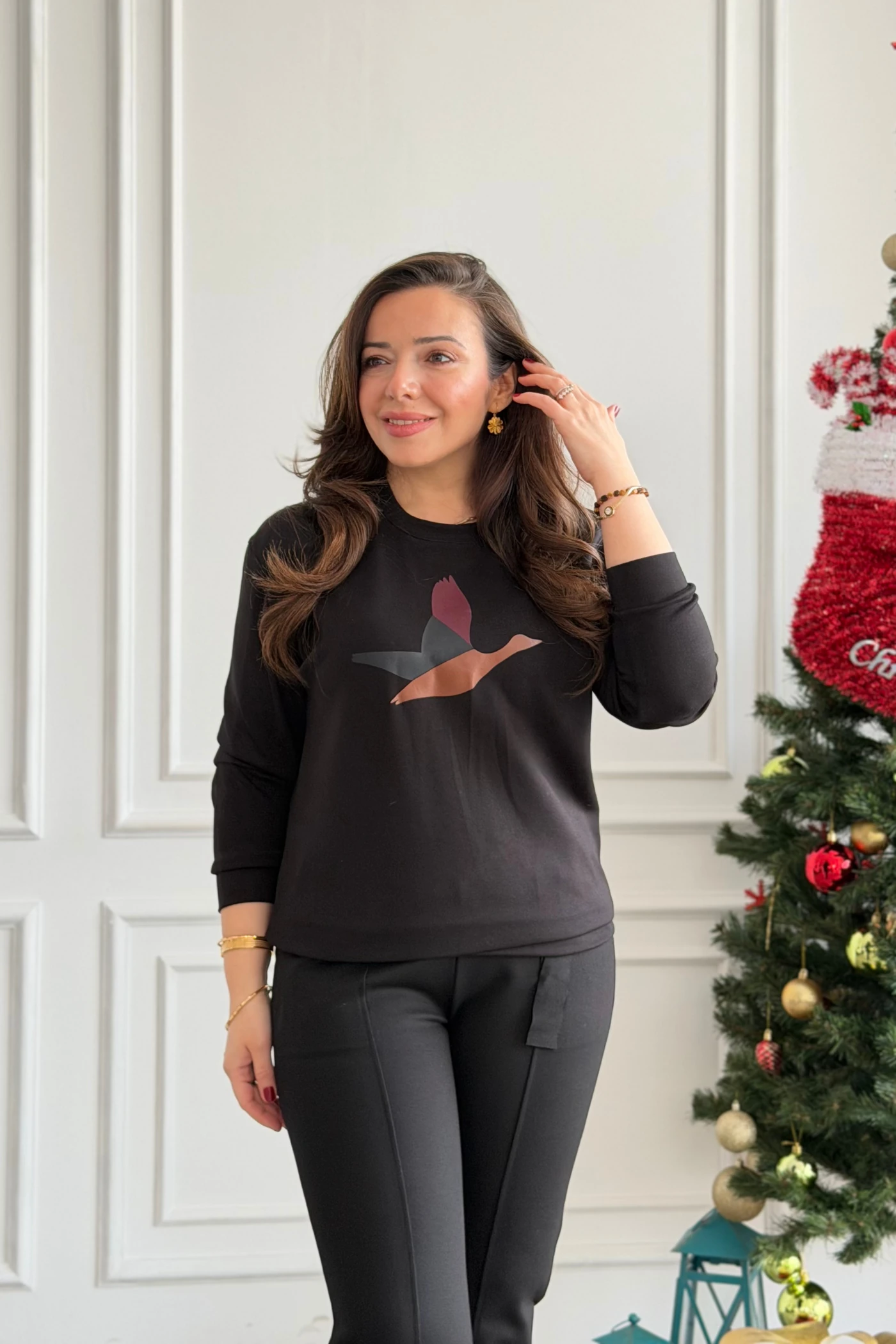 Önü Kuş Baskılı Sweat  - SIYAH