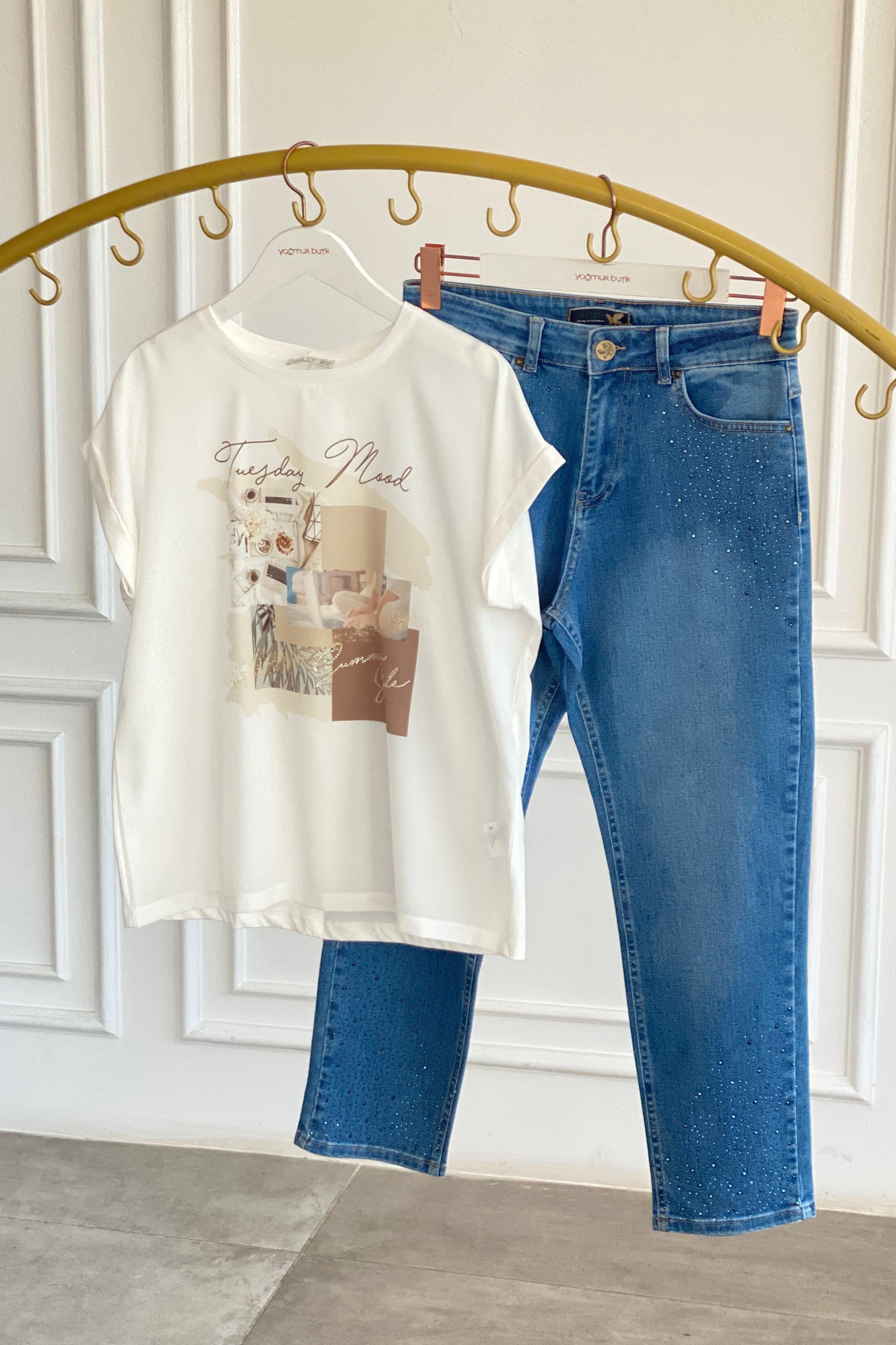 Bisiklet Yaka Önü Baskılı T-Shirt - KAHVERENGI