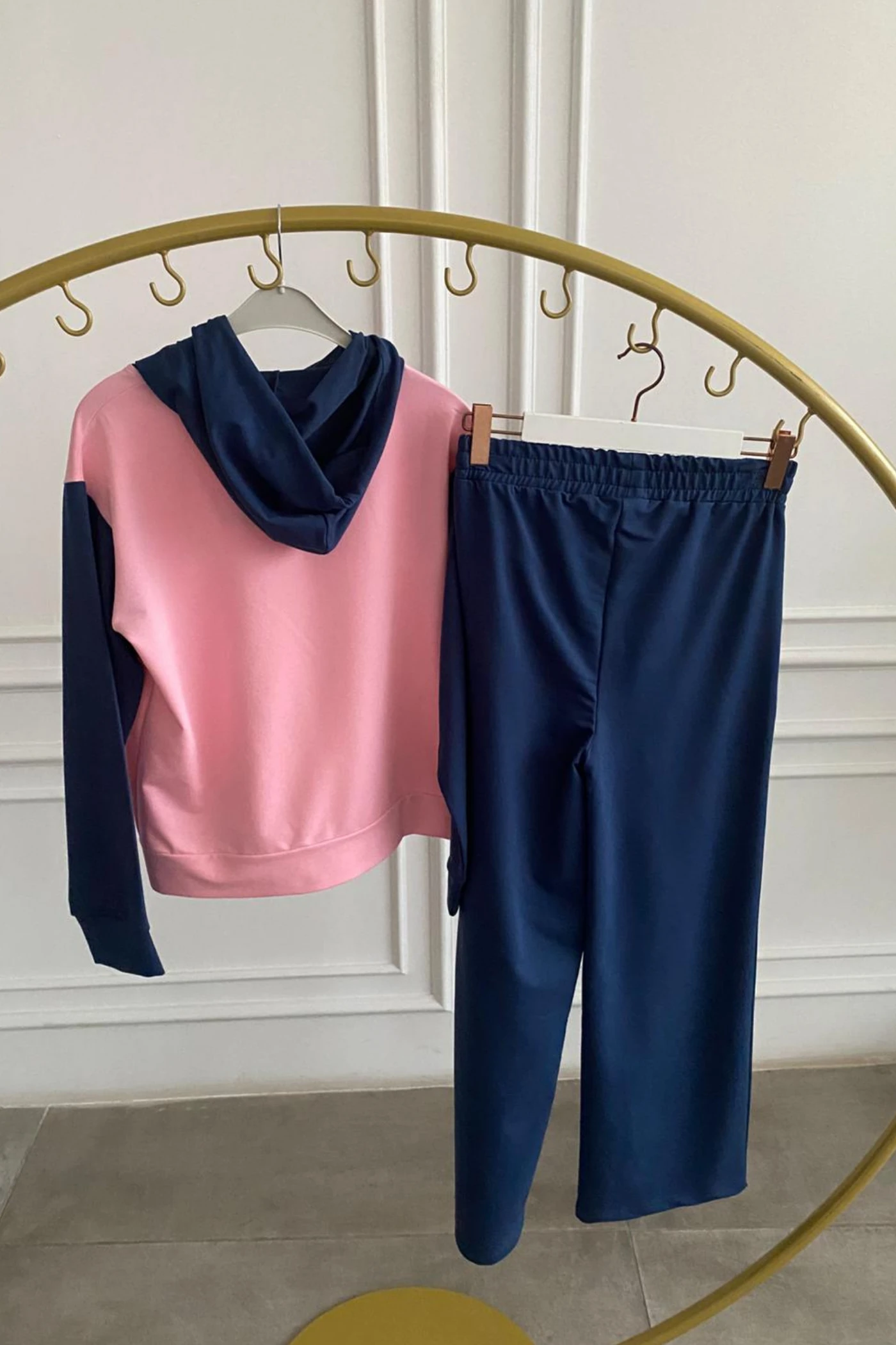 Önü Yazı Baskılı Kapşonlu Eşofman Takımı - PEMBE LACIVERT