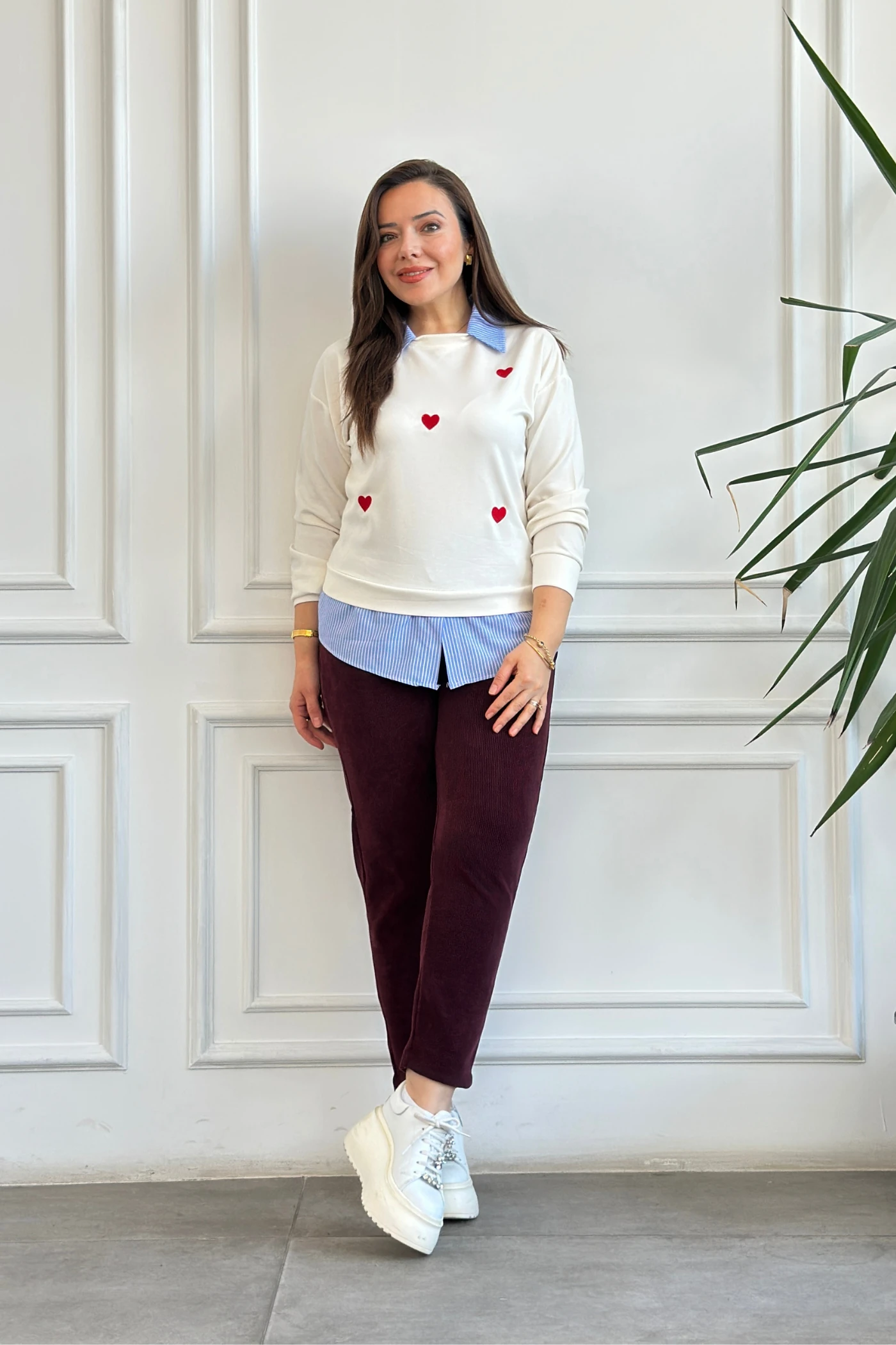 Beli Lastikli Kadife Dar paça Pantolon - BORDO