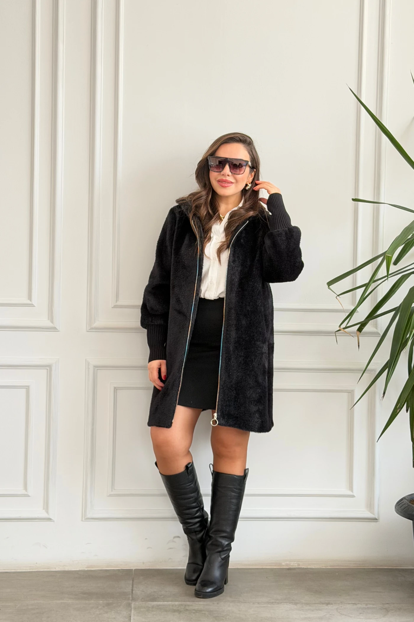 Önden Cep Fermuarlı Peluş Kaban