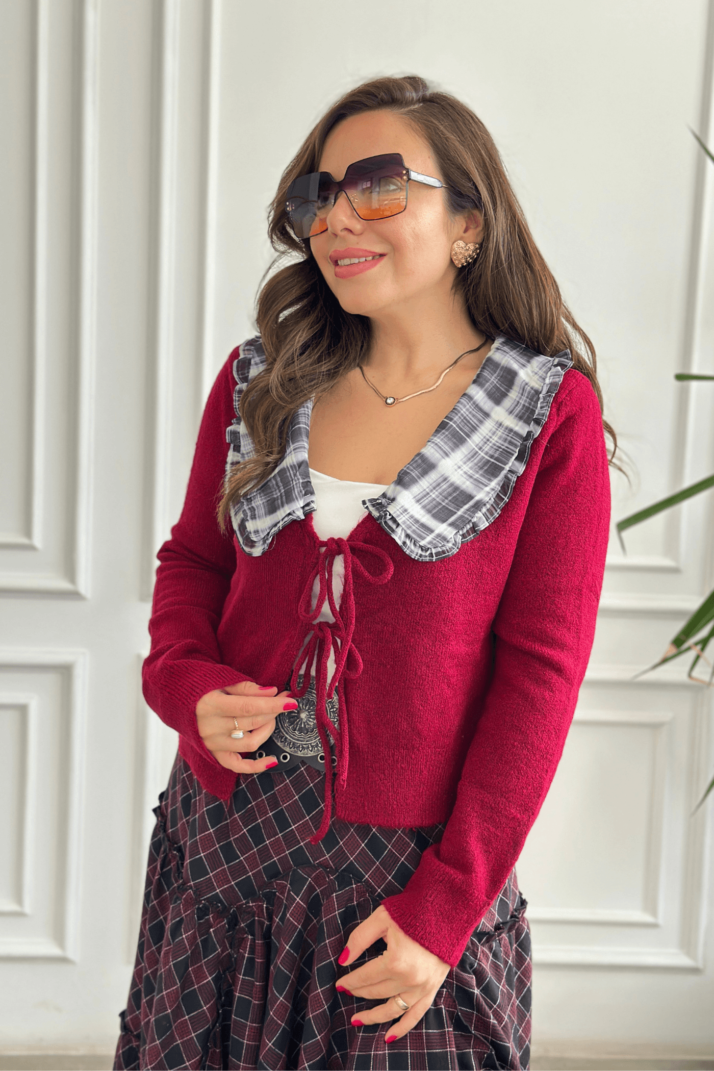 Yaka Detaylı Triko Hırka - BORDO