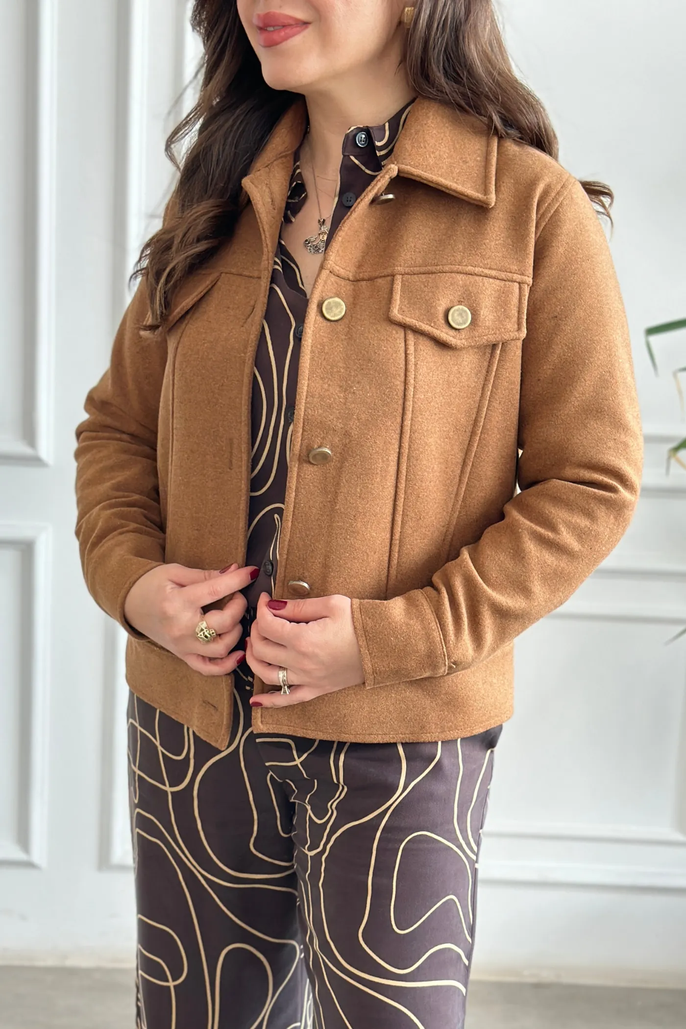 Metal Düğme Detaylı Kaşe Ceket - CAMEL