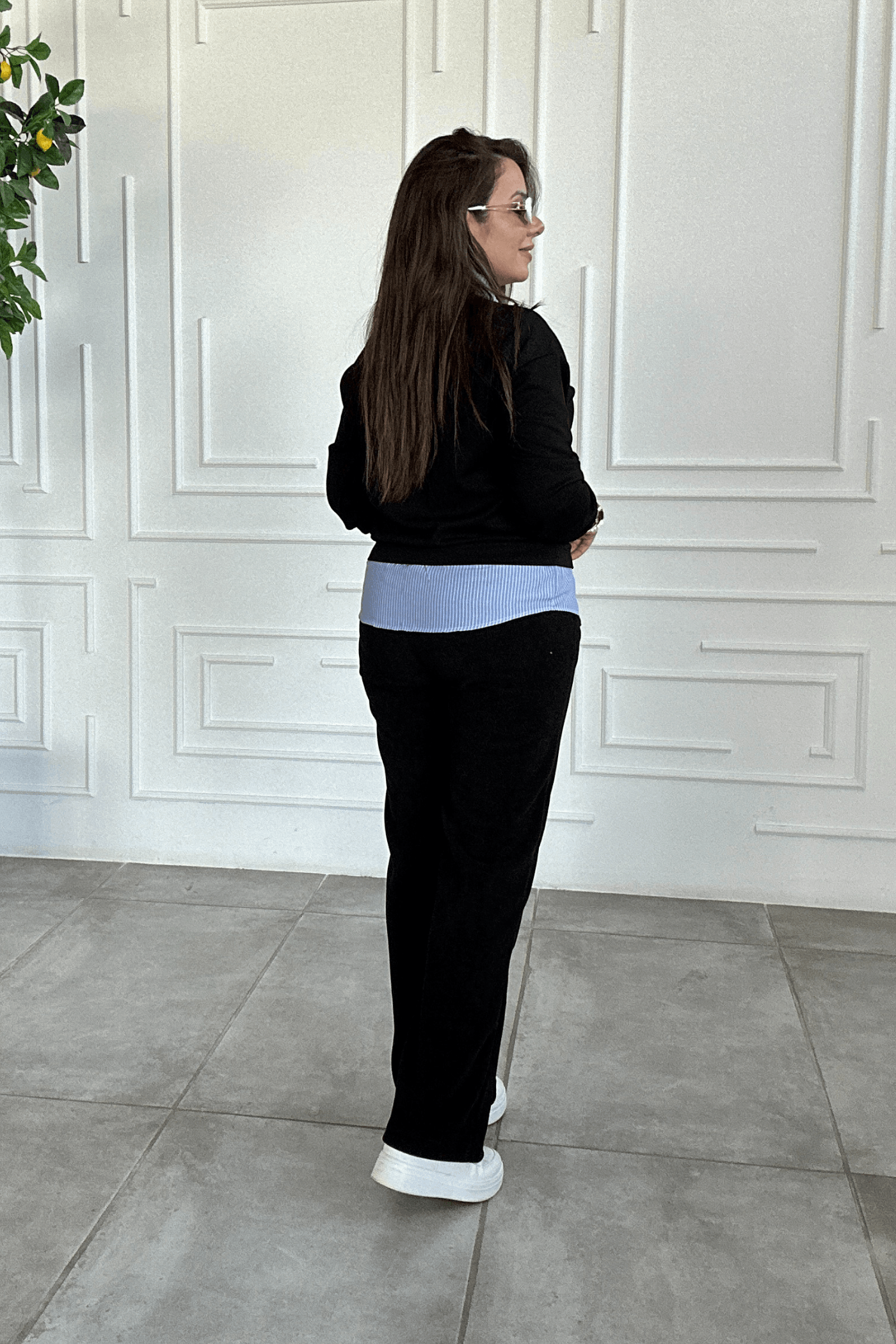 Beli Lastikli Kadife Bol Paça Pantolon - SIYAH