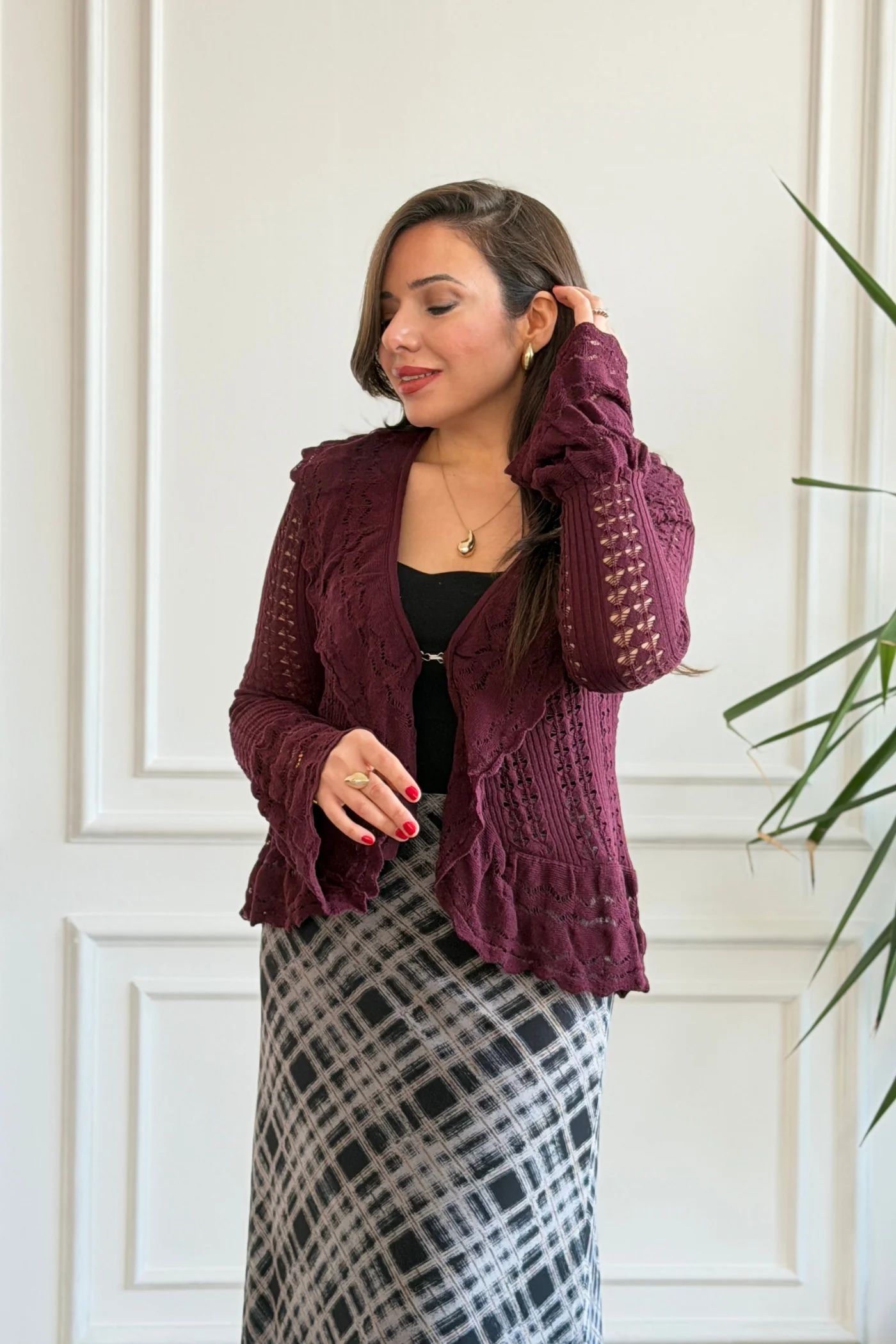 Fırfırlı Triko Hırka - BORDO