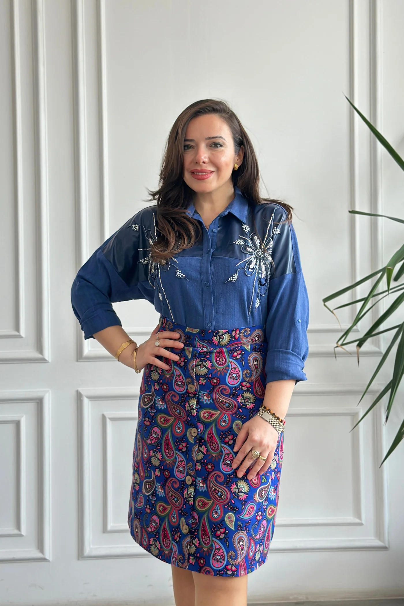 Pul Ve Boncuk İşlemeli Deri Detaylı Gömlek - LACIVERT