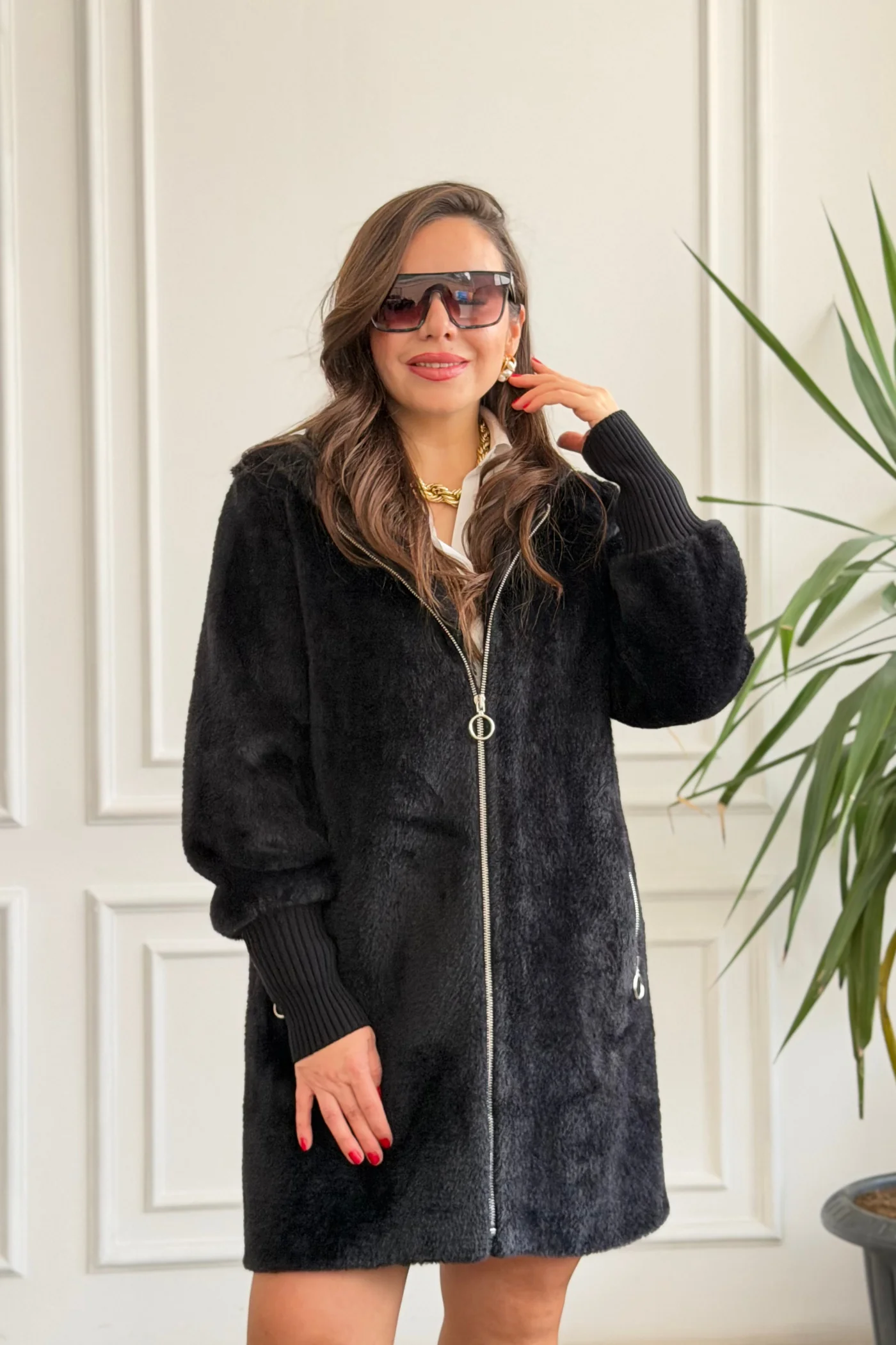 Önden Cep Fermuarlı Peluş Kaban