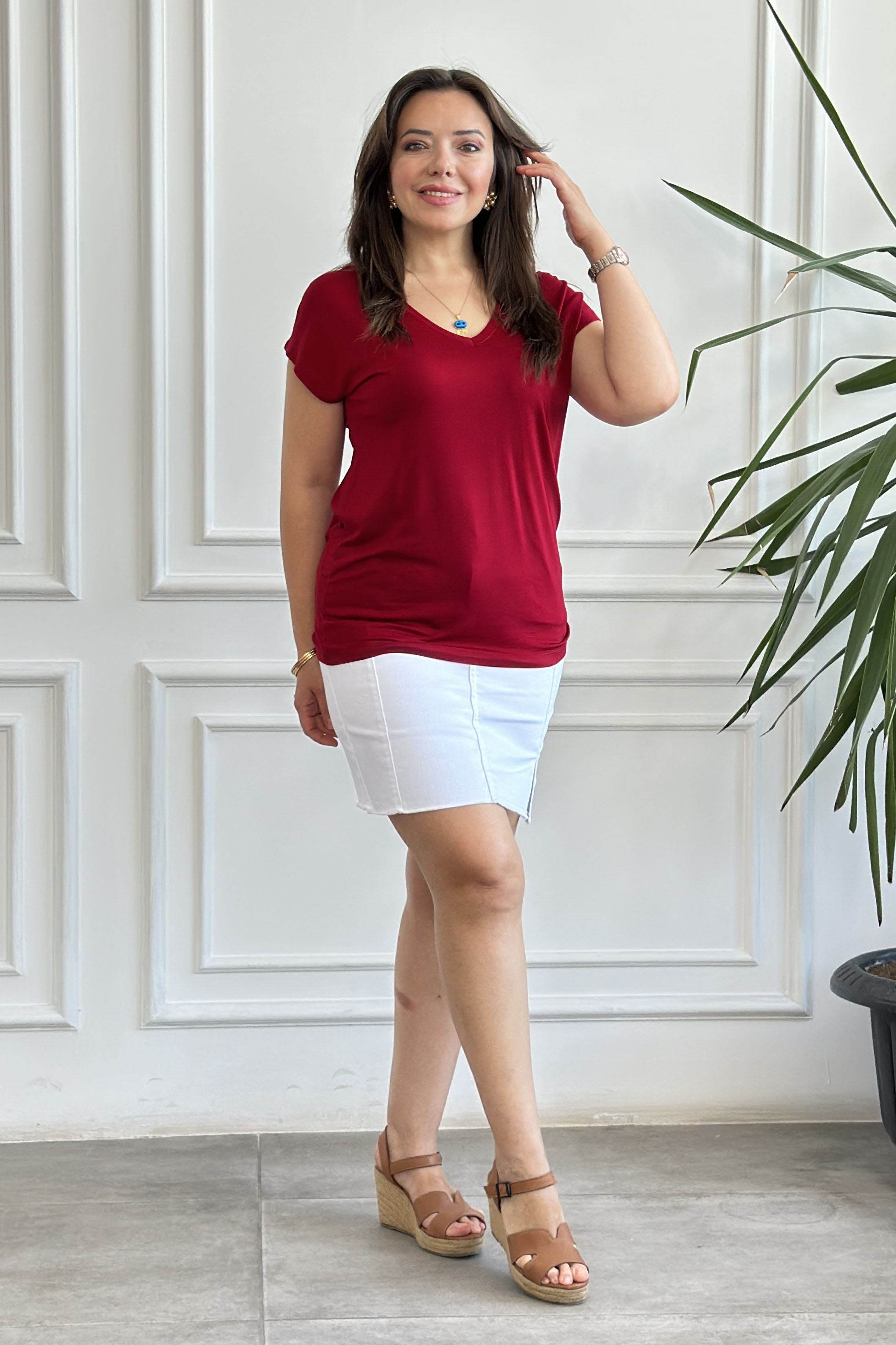V Yaka Basic T-Shirt - BORDO