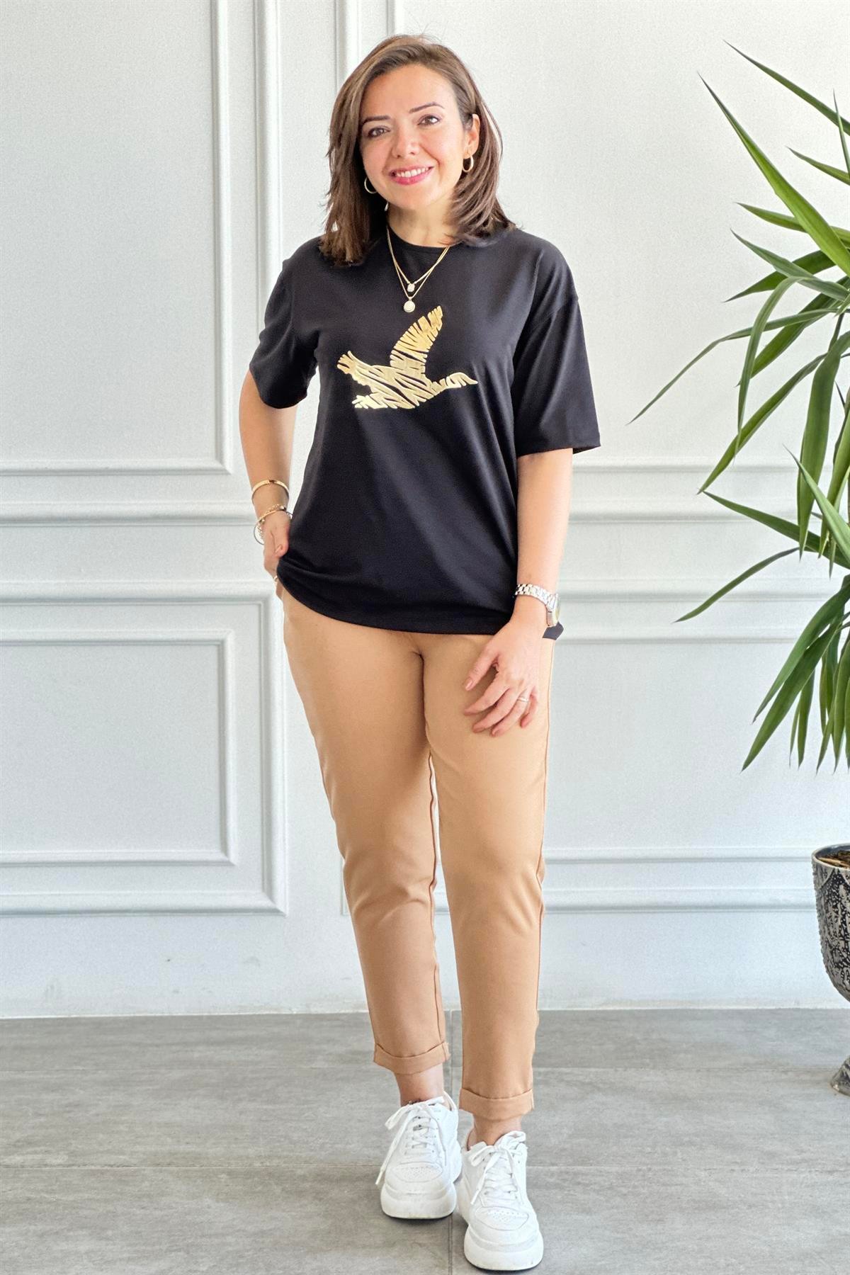 Kuş Baskılı Bisiklet Yaka T-Shirt