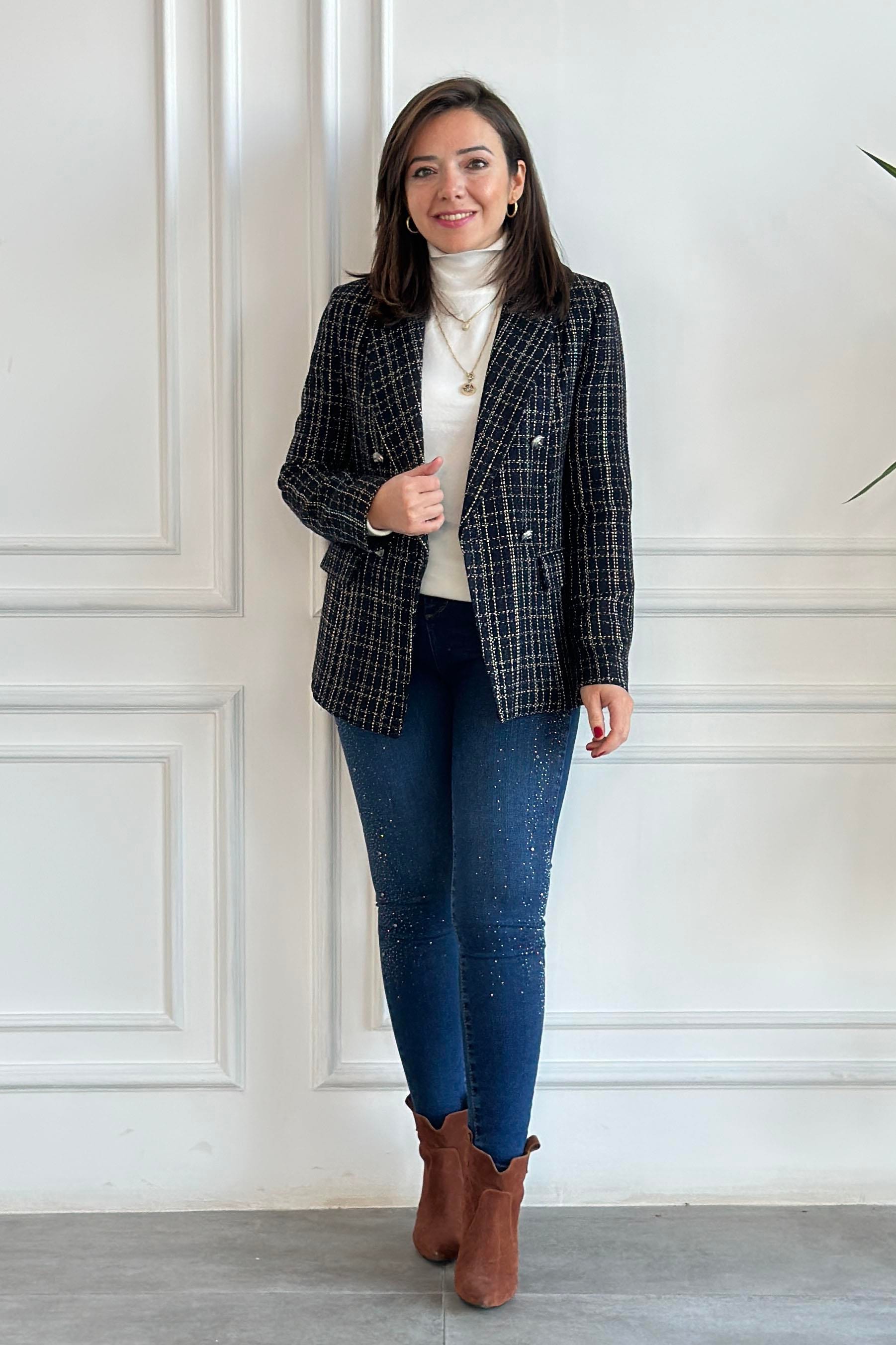 Ekoseli Dört Düğmeli Blazer Ceket