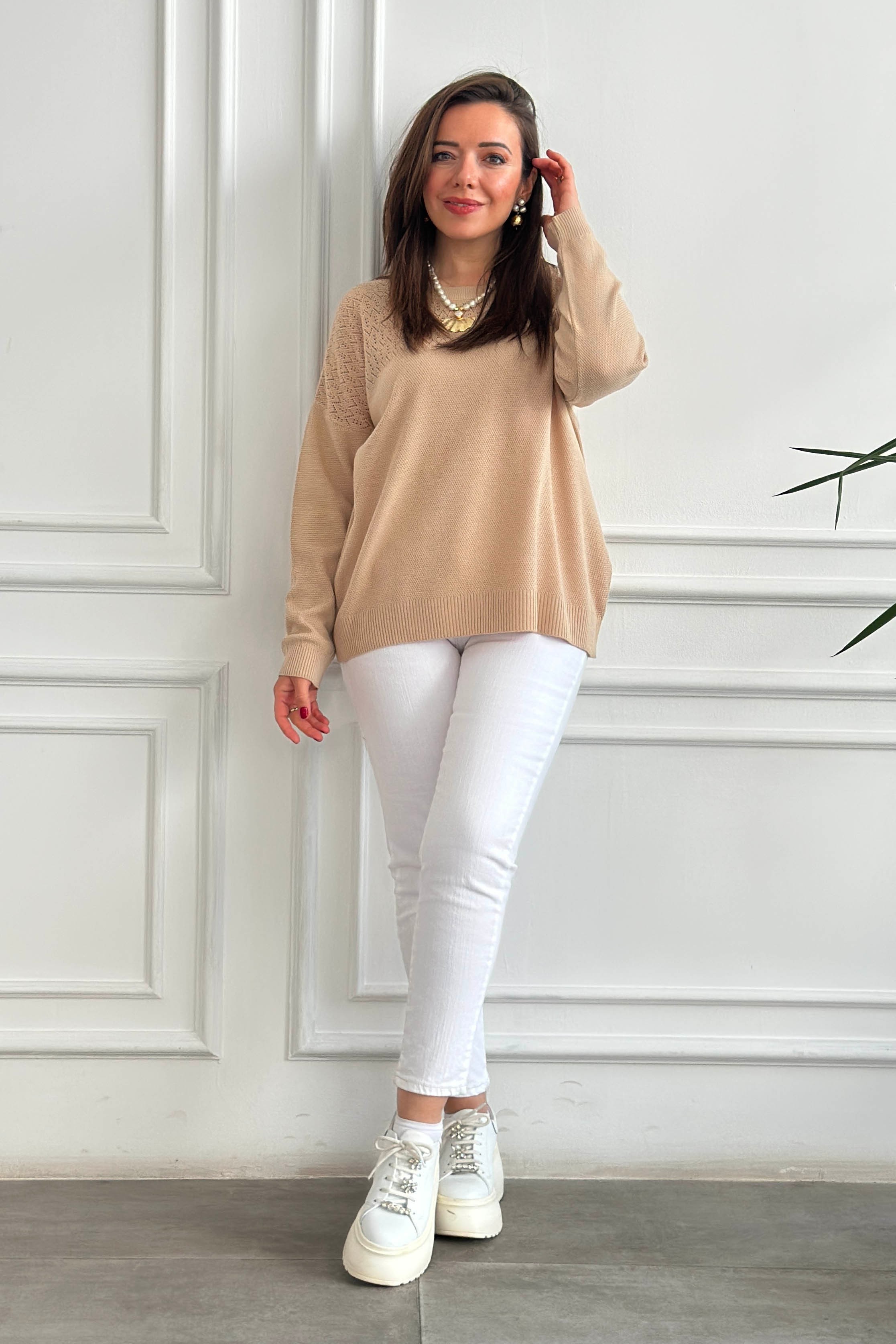 Bisiklet Yaka Zigzag Desenli Triko - CAMEL