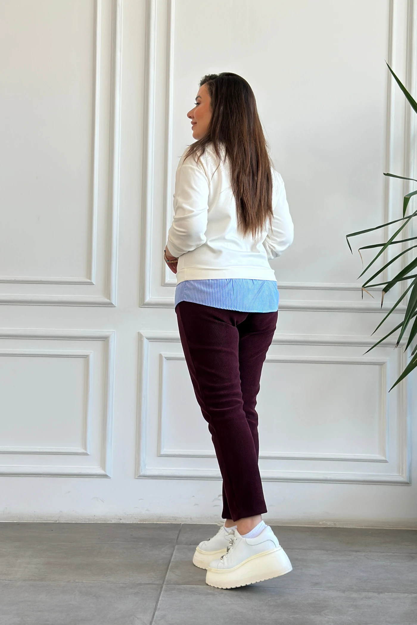 Beli Lastikli Kadife Dar paça Pantolon - BORDO