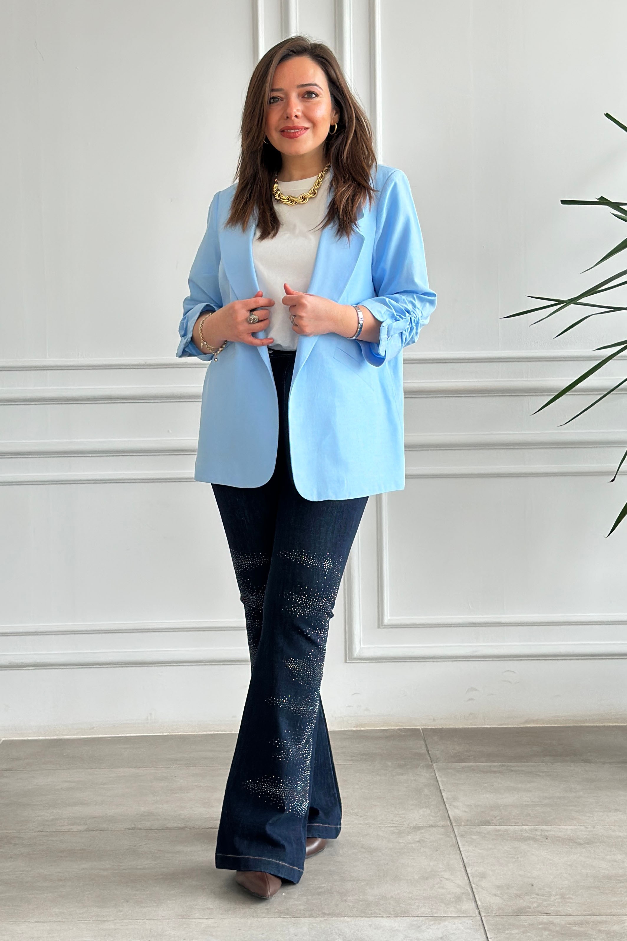 Kolları Büzgülü Blazer Ceket - BUZ MAVI