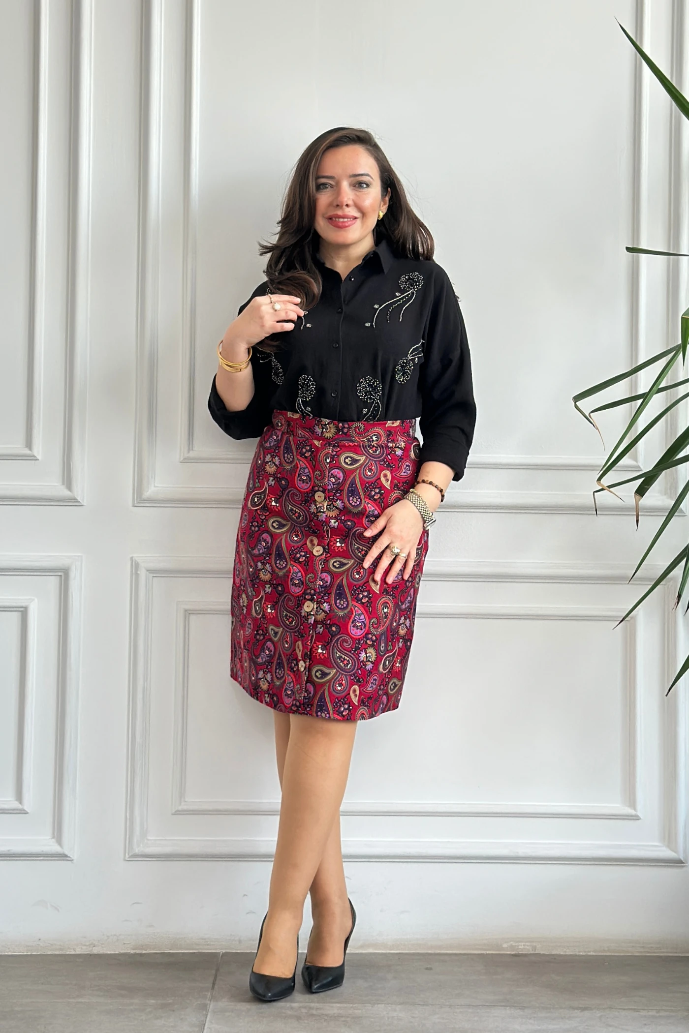 Önü Süs Düğme Detaylı Pazen Çan Etek - FUSYA MOR