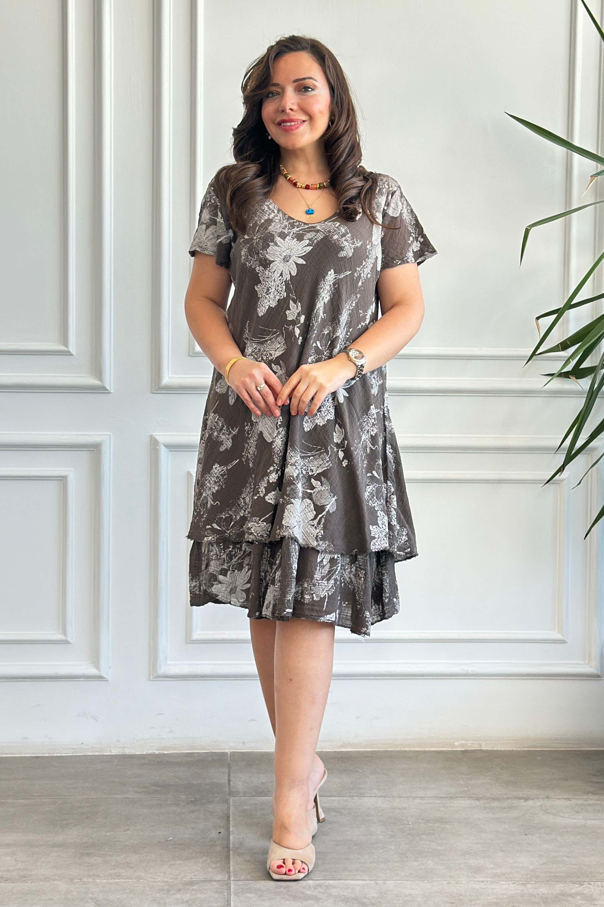 İthal Batik Çiçek Desenli Kısa Kollu Elbise