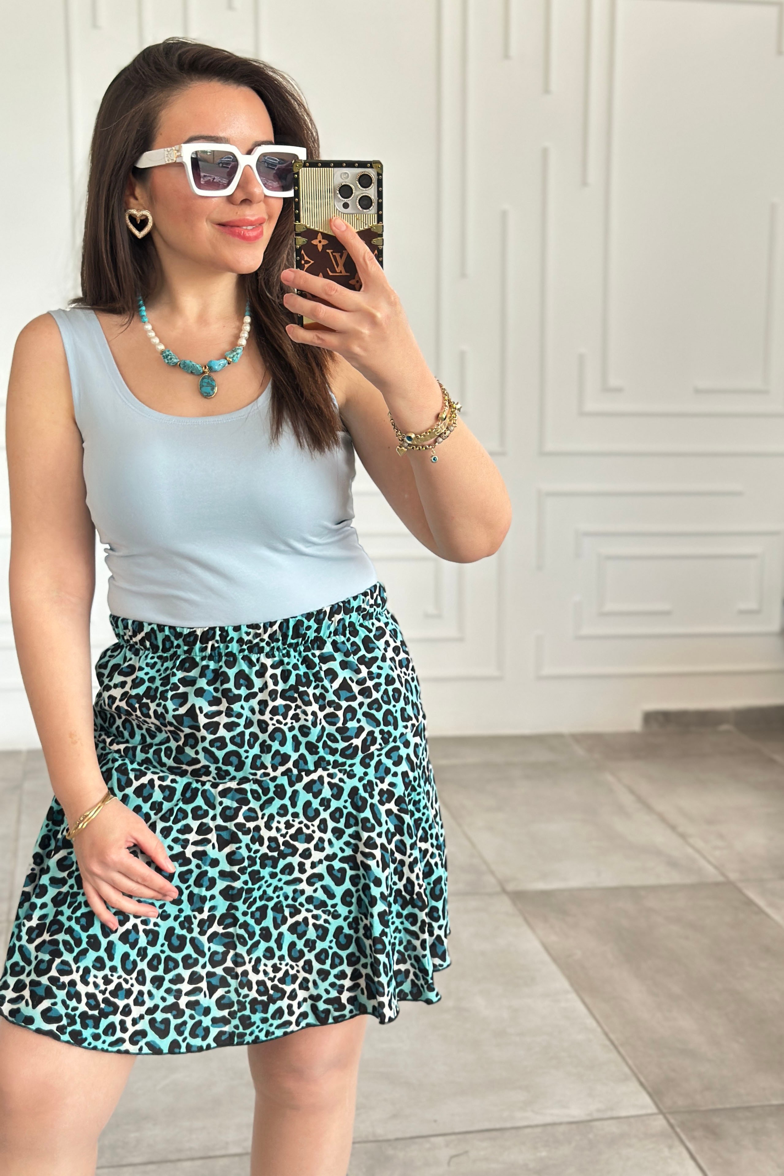 Karışık Desenli Viscon Şort Etek  - MINT (LEOPAR)
