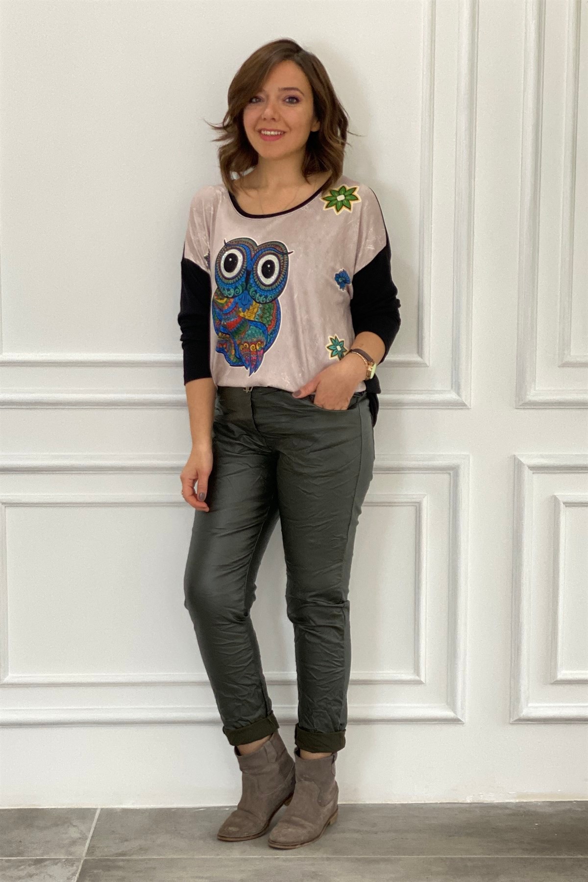 Önü Baykuş Ve Mandala Desenli Bisiklet Yaka Triko