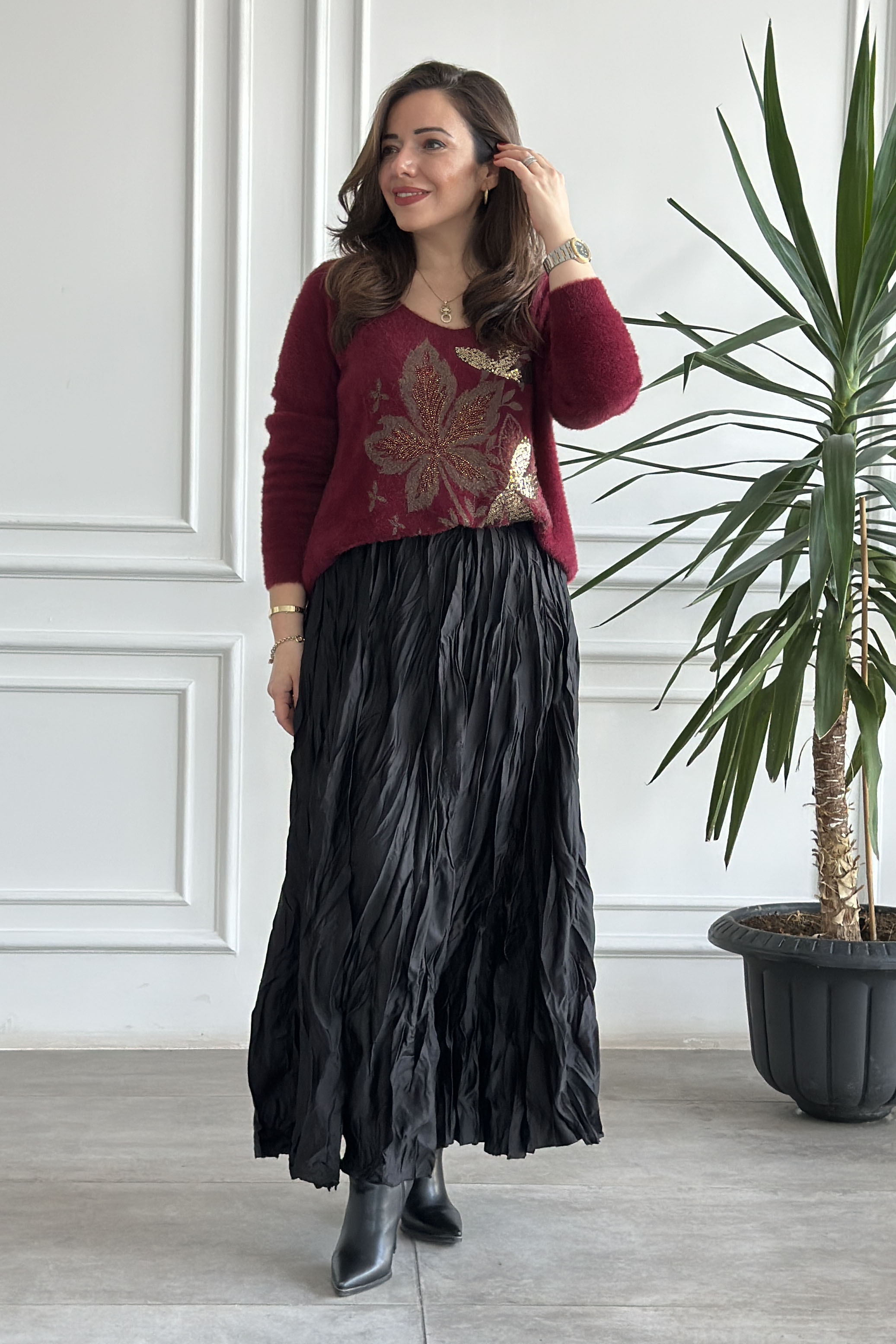 Yaprak Desen Taşlı Yün Triko - BORDO